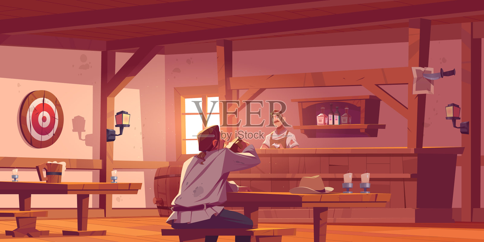 男人在啤酒酒吧复古酒馆或古董酒吧插画图片素材