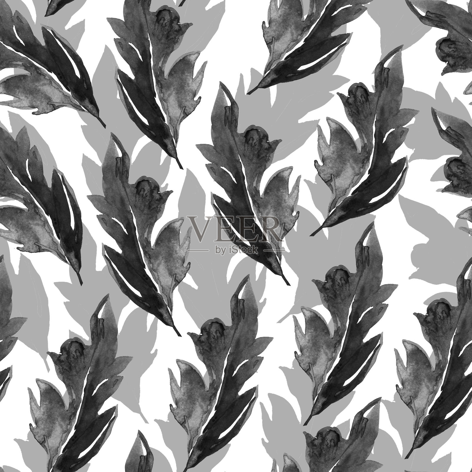 单色水彩无缝模式与半色调叶手绘在白色上插画图片素材