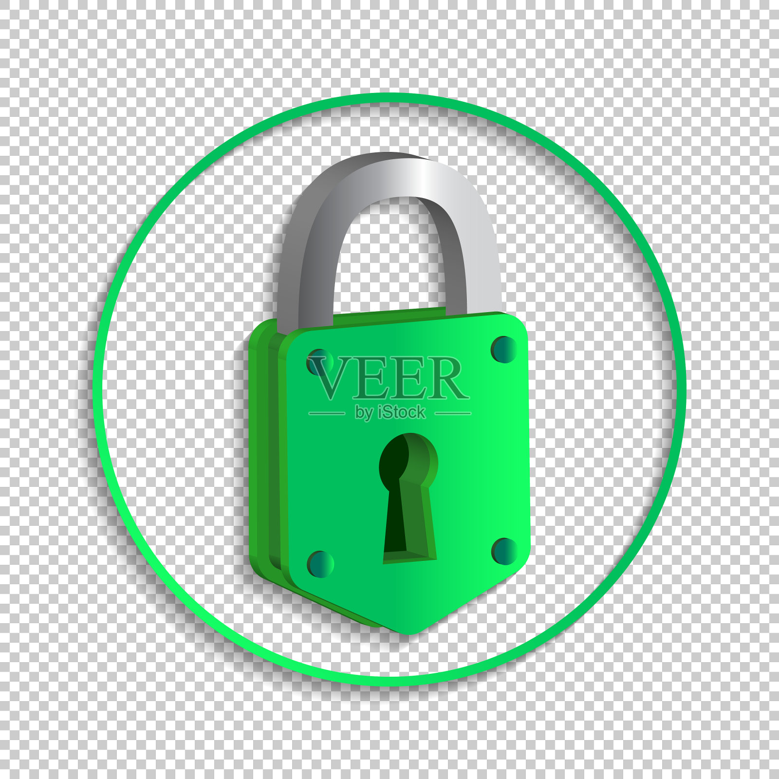 圆形卡通图标与绿色旧3d挂锁插画图片素材