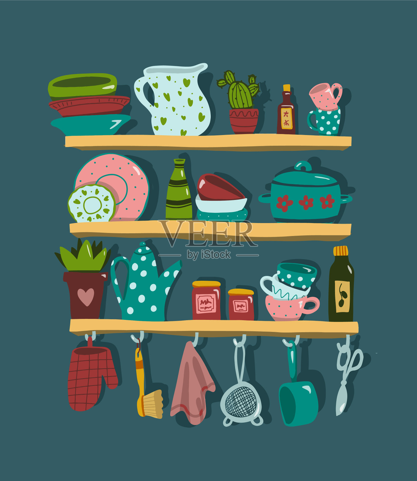 厨房的架子上有烹饪用具和工具插画图片素材