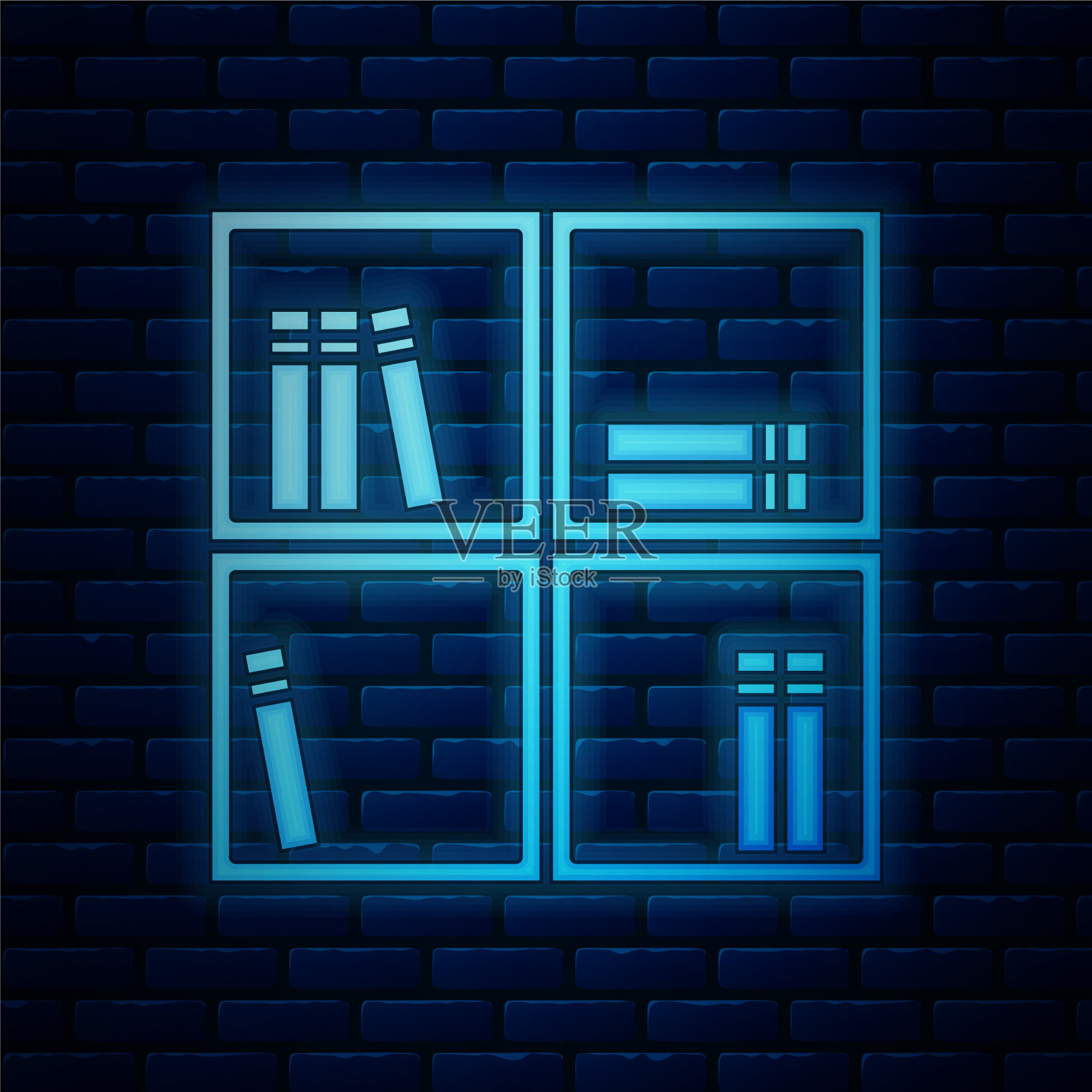 发光的霓虹灯书架与书籍图标隔离插画图片素材