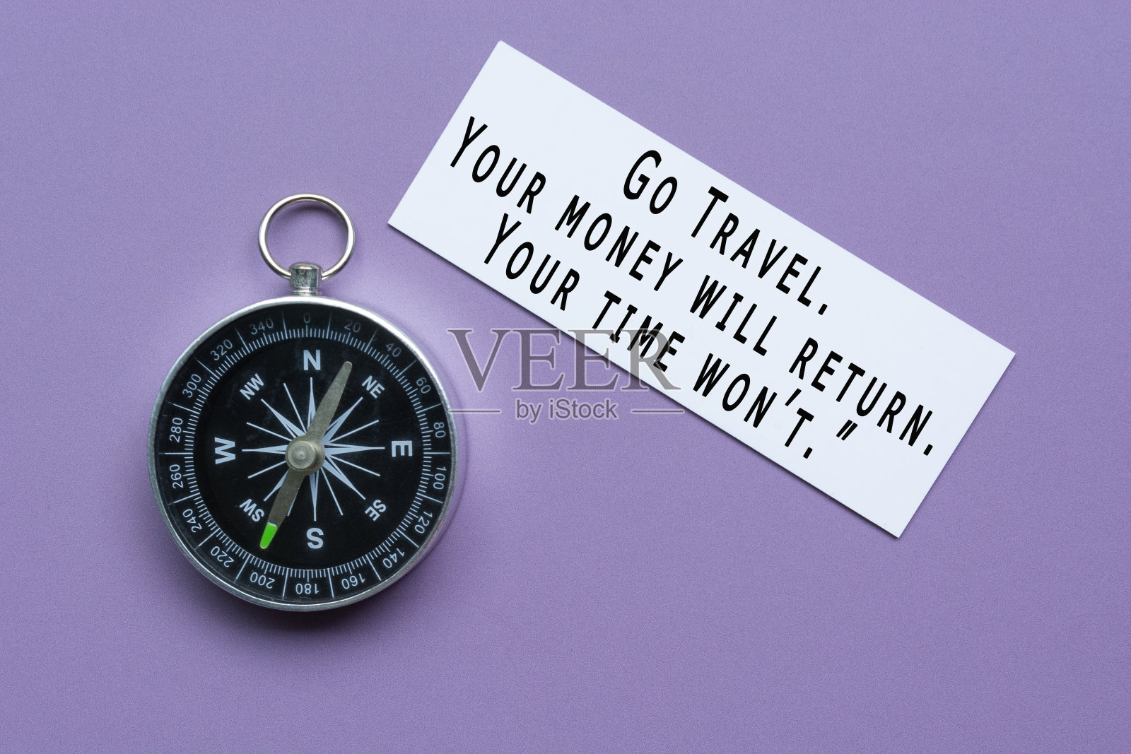 文字在白色的纸与经典的圆形指南针在紫色的背景-关于旅程的励志格言照片摄影图片