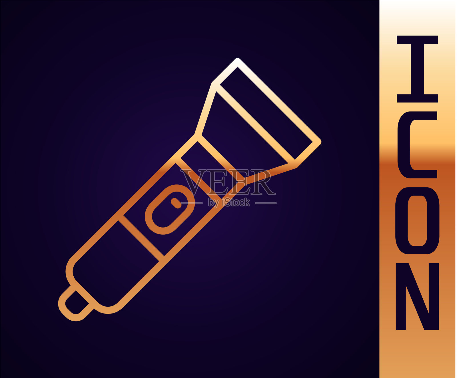 金色线手电筒图标孤立在黑色插画图片素材