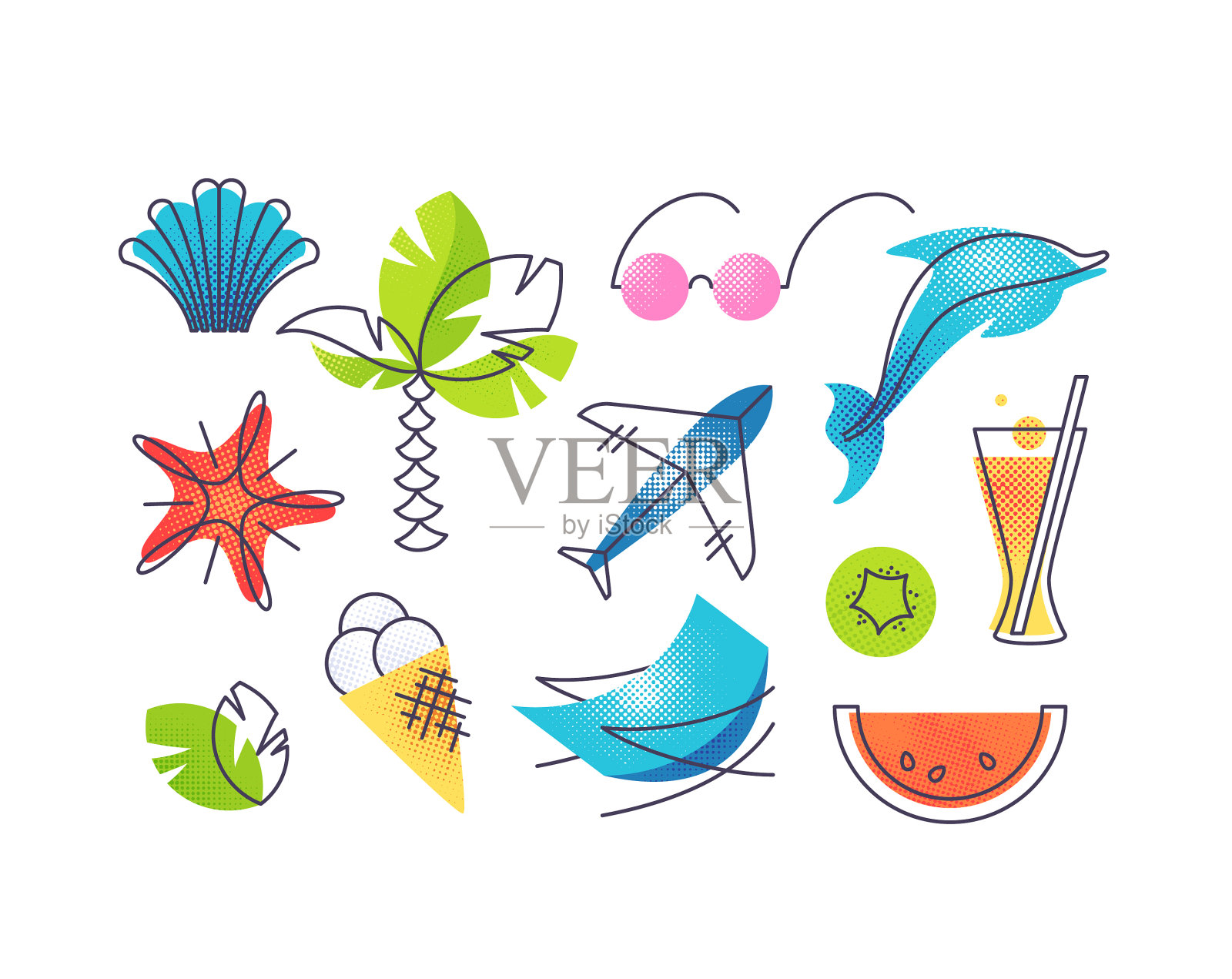 夏季和海滩度假颜色图标集图标素材