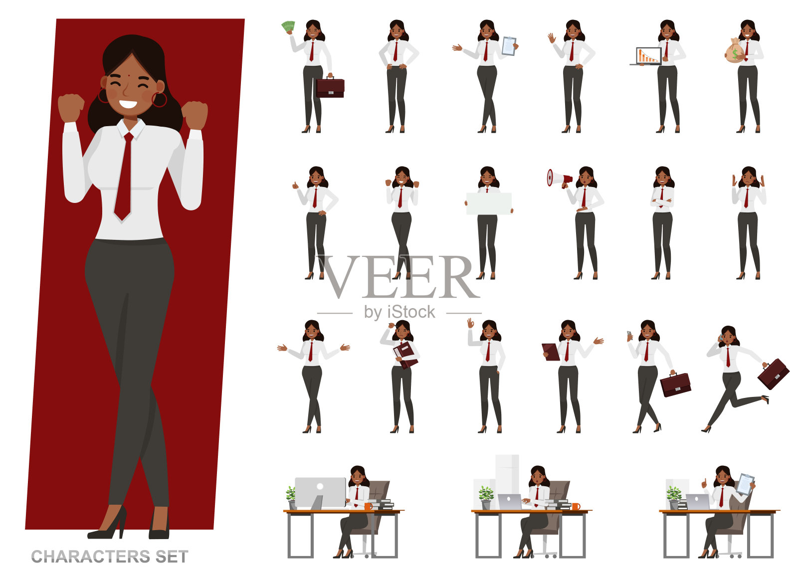 集印度商务人士性格矢量设计。表现在各种带有情绪的动作，跑步，站立和行走。从事办公室规划、思考和经济分析工作的人。插画图片素材