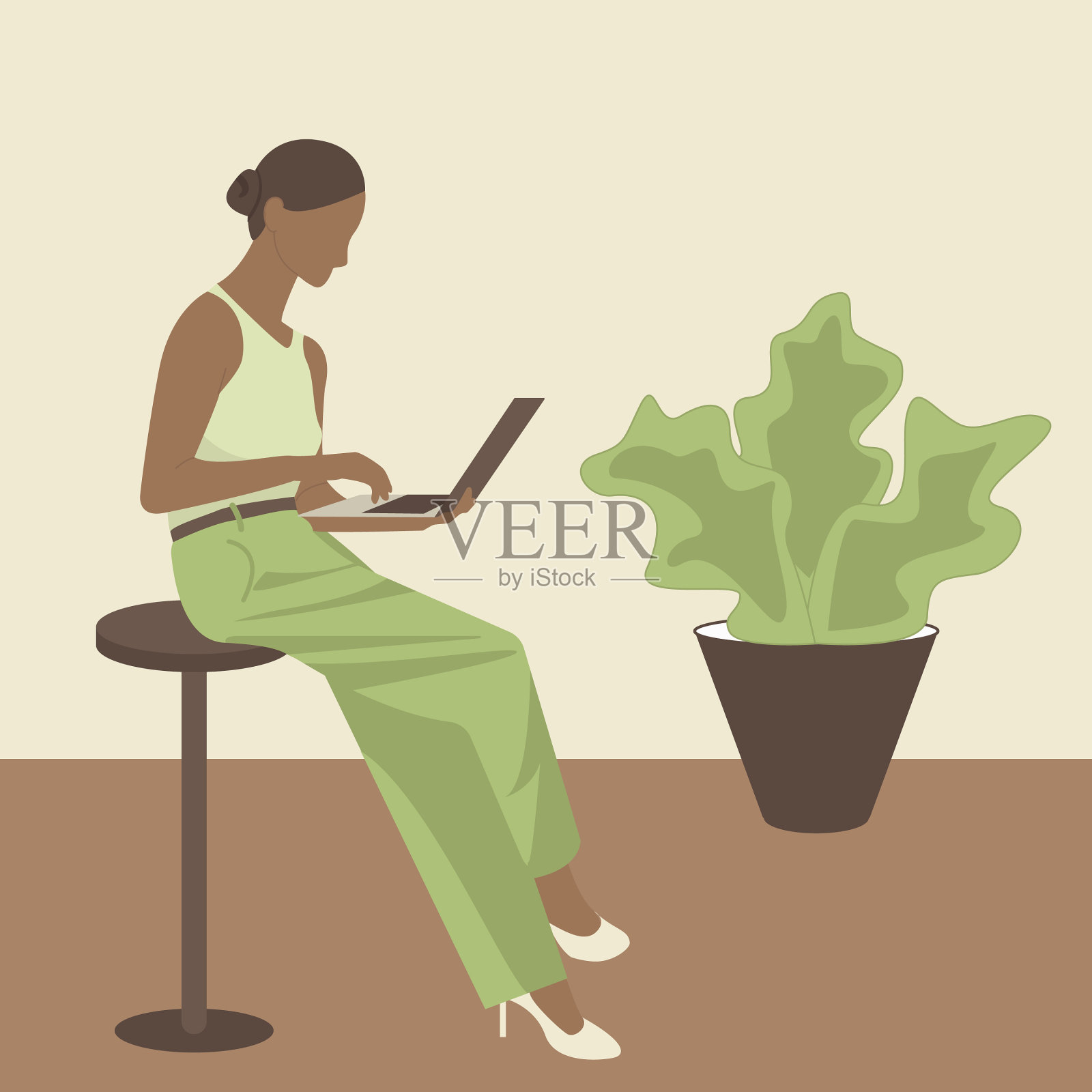 在家里或办公室都有笔记本电脑的女孩插画图片素材