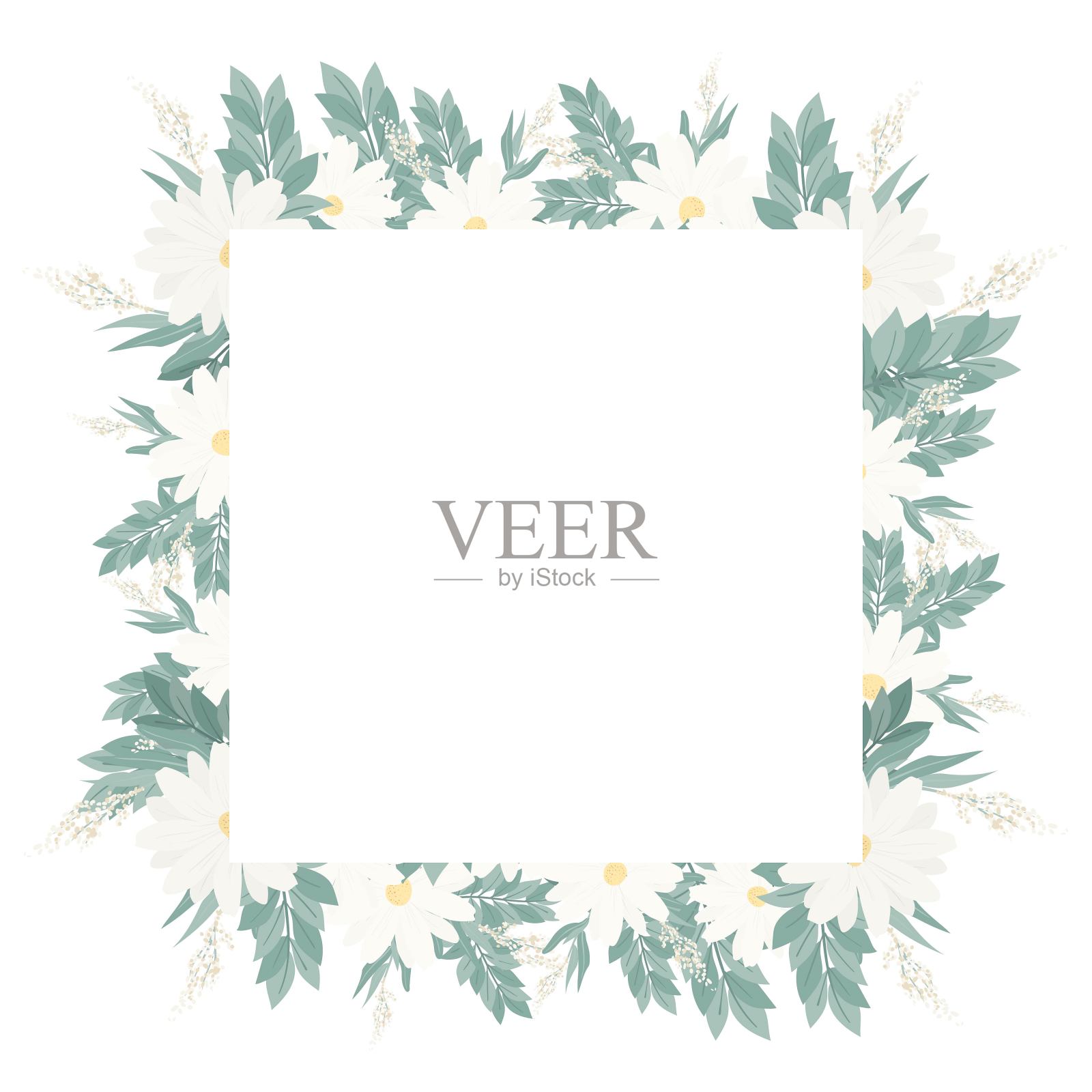 带有鲜花和树叶的明信片。设计概念的卡片，标签和婚礼请柬。花束和金色的圆框设计元素图片