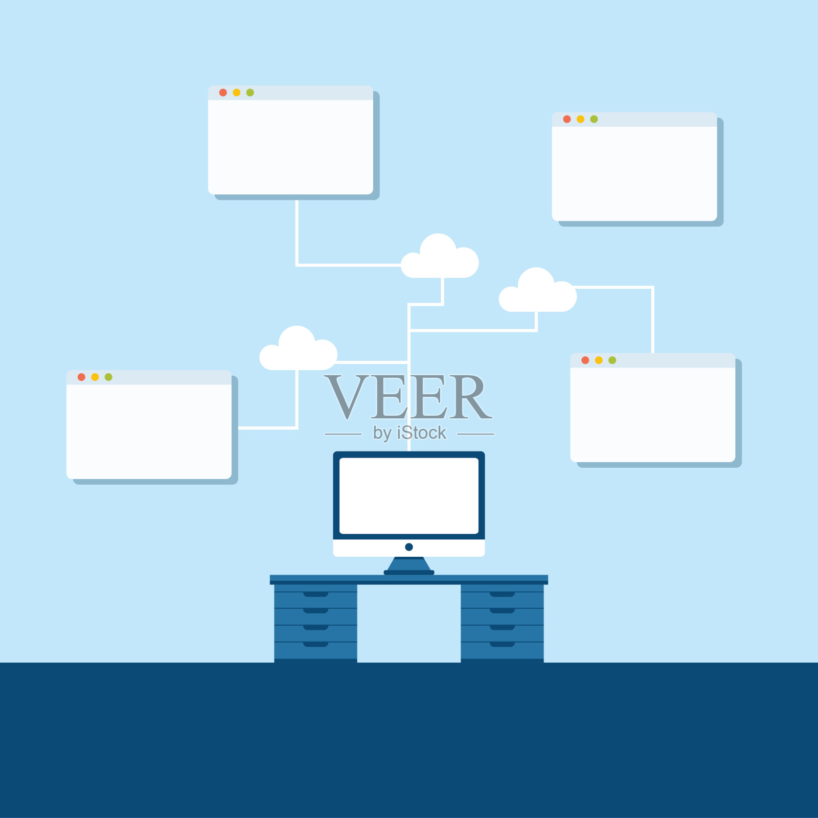 计算机连接网络数据到所有应用程序的说明插画图片素材