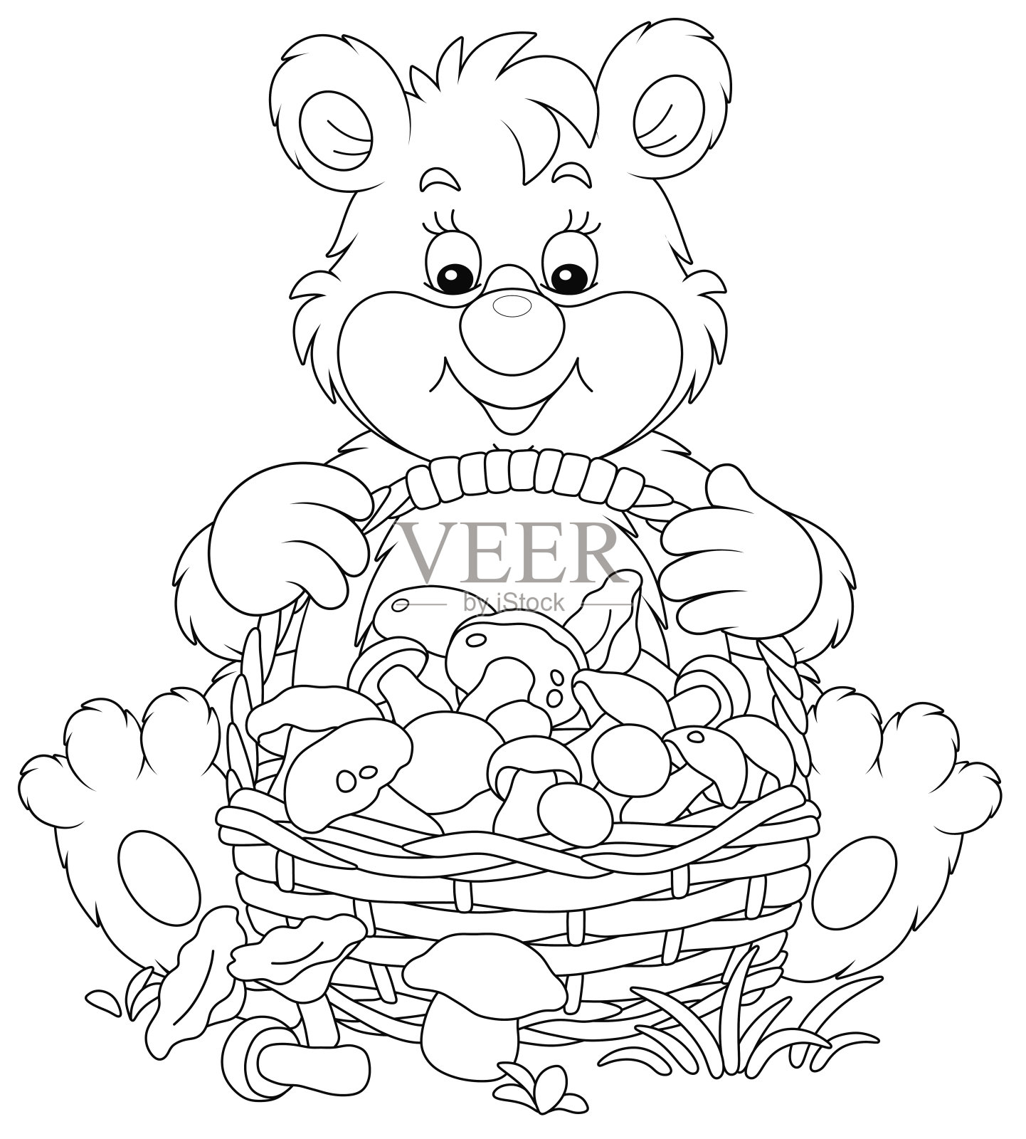 小熊拿着一篮子蘑菇插画图片素材