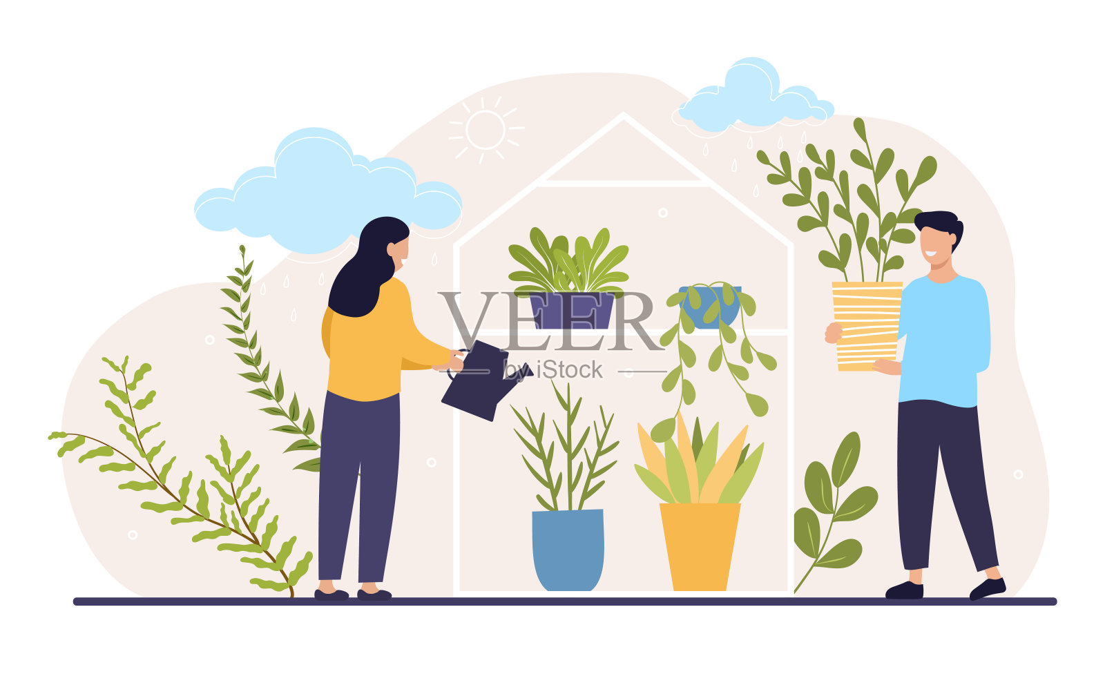 苗圃中微笑的男性和女性角色插画图片素材