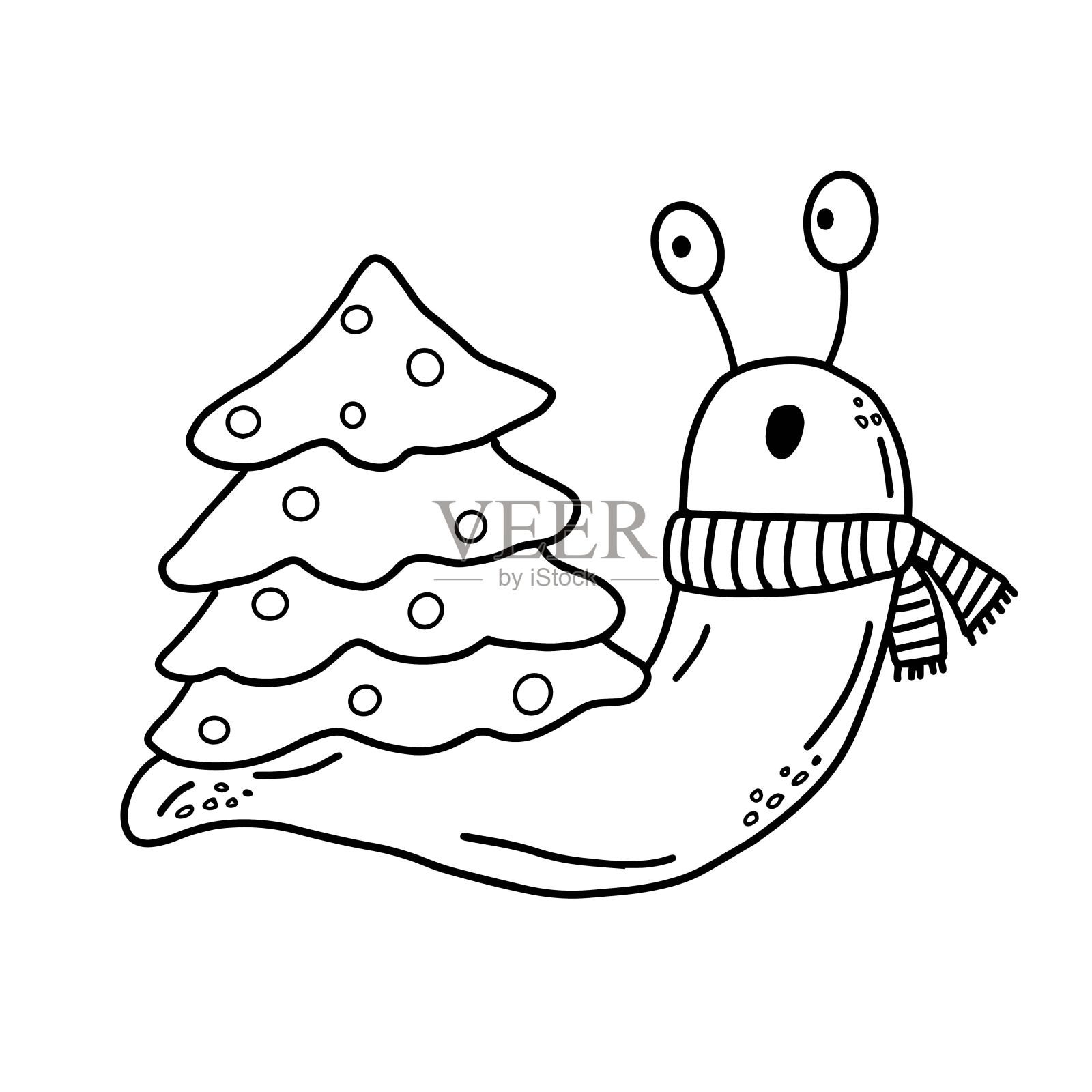 向量线性黑白图像的蜗牛与房子。插图是手绘的涂鸦风格。概念为新年，圣诞节和其他节日。插画图片素材