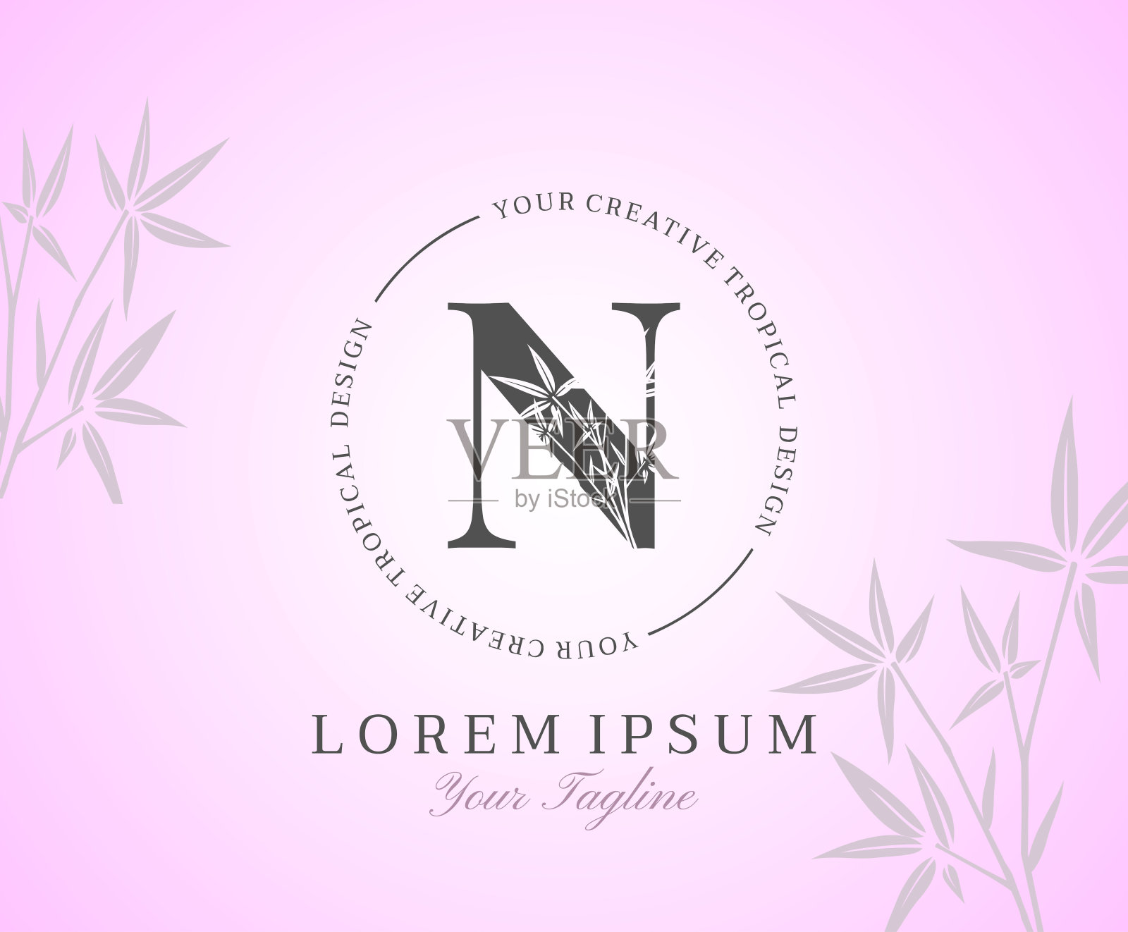 女性字母N标志与竹叶纹理设计标志图标。创意热带美字母自然标志模板。插画图片素材