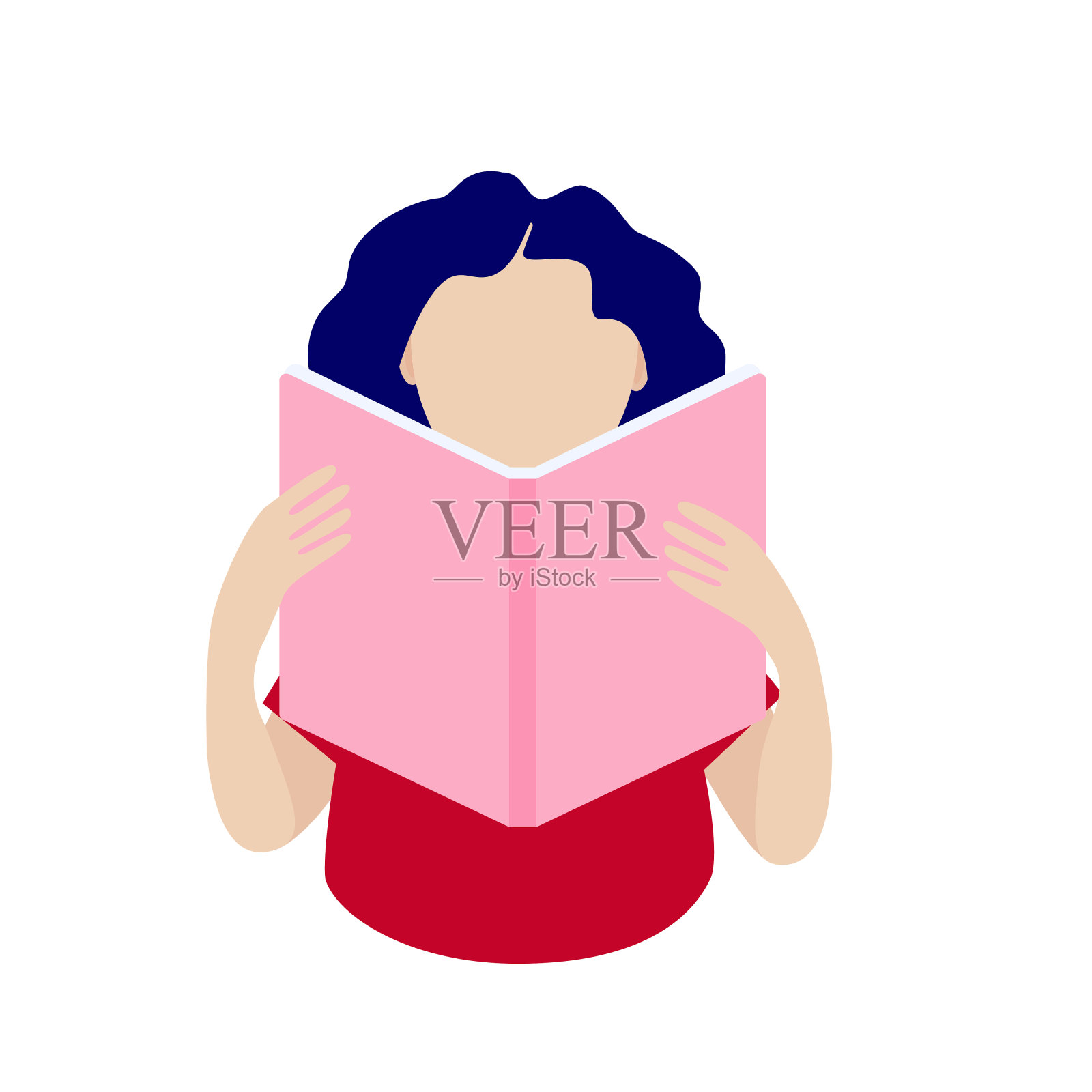 蓝头发的女孩在看书。女人双手捧着一本打开的书放在面前。教育、知识、娱乐的观念。平面向量插图插画图片素材