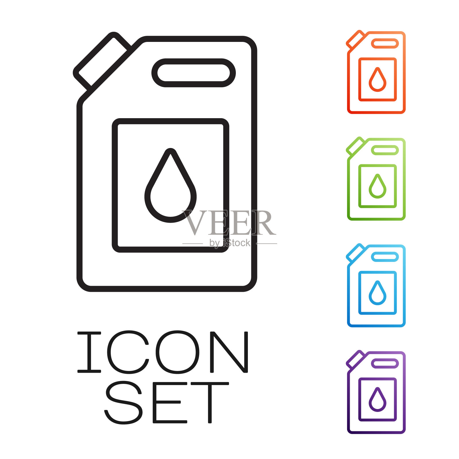 黑线用于电机机油图标的筒体，隔离在白色背景上。油价每加仑。换油服务和维修。机油的迹象。设置图标丰富多彩。向量图标素材