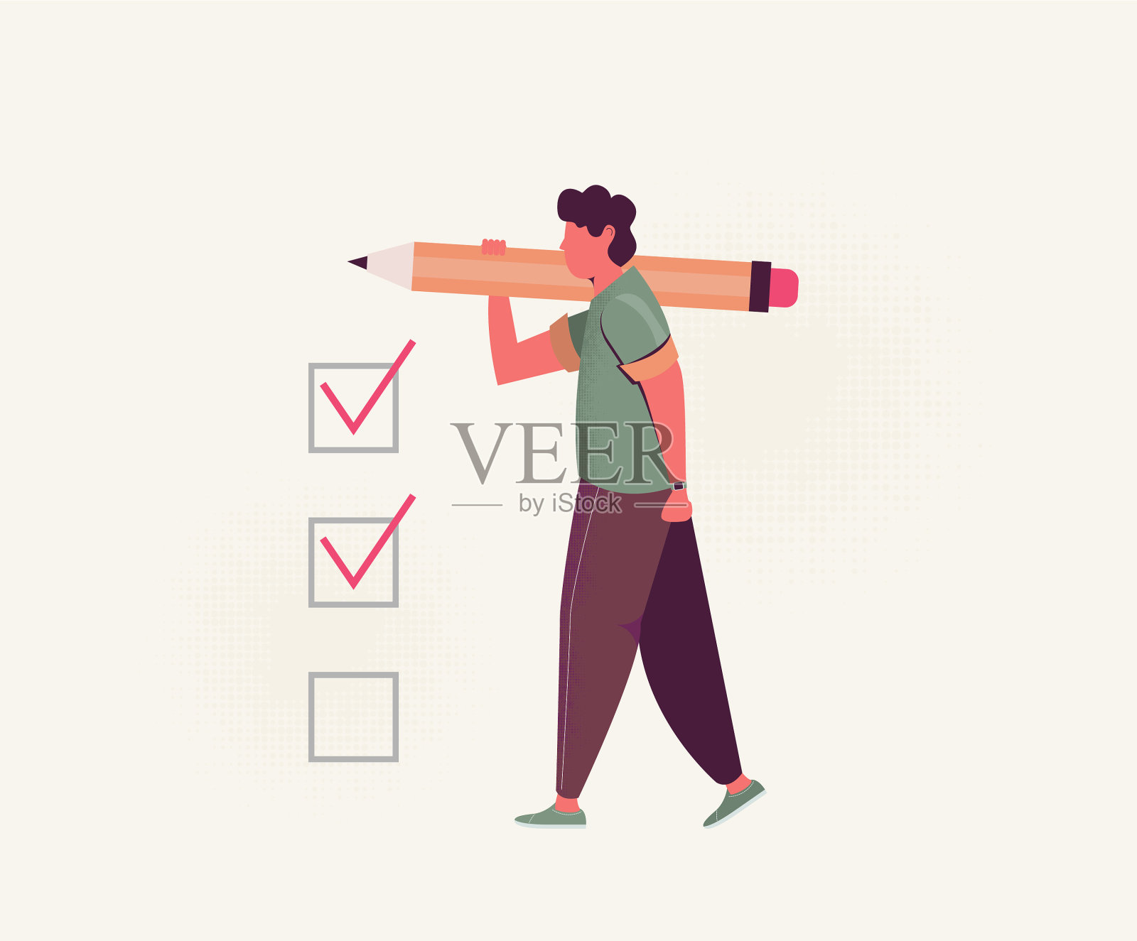 一个正面的商人，手里拿着一支巨大的铅笔插画图片素材