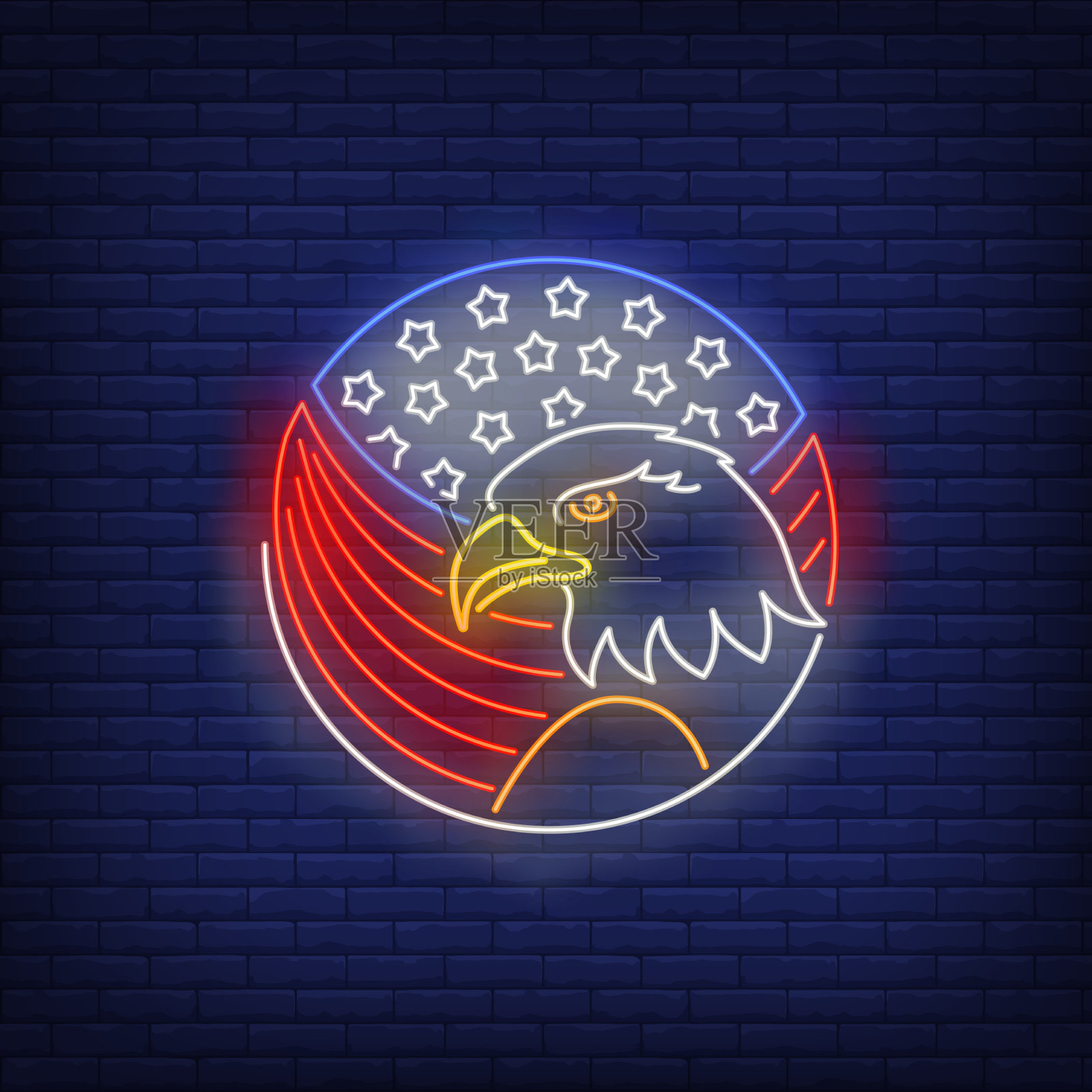 鹰和美国国旗在圆形霓虹灯插画图片素材