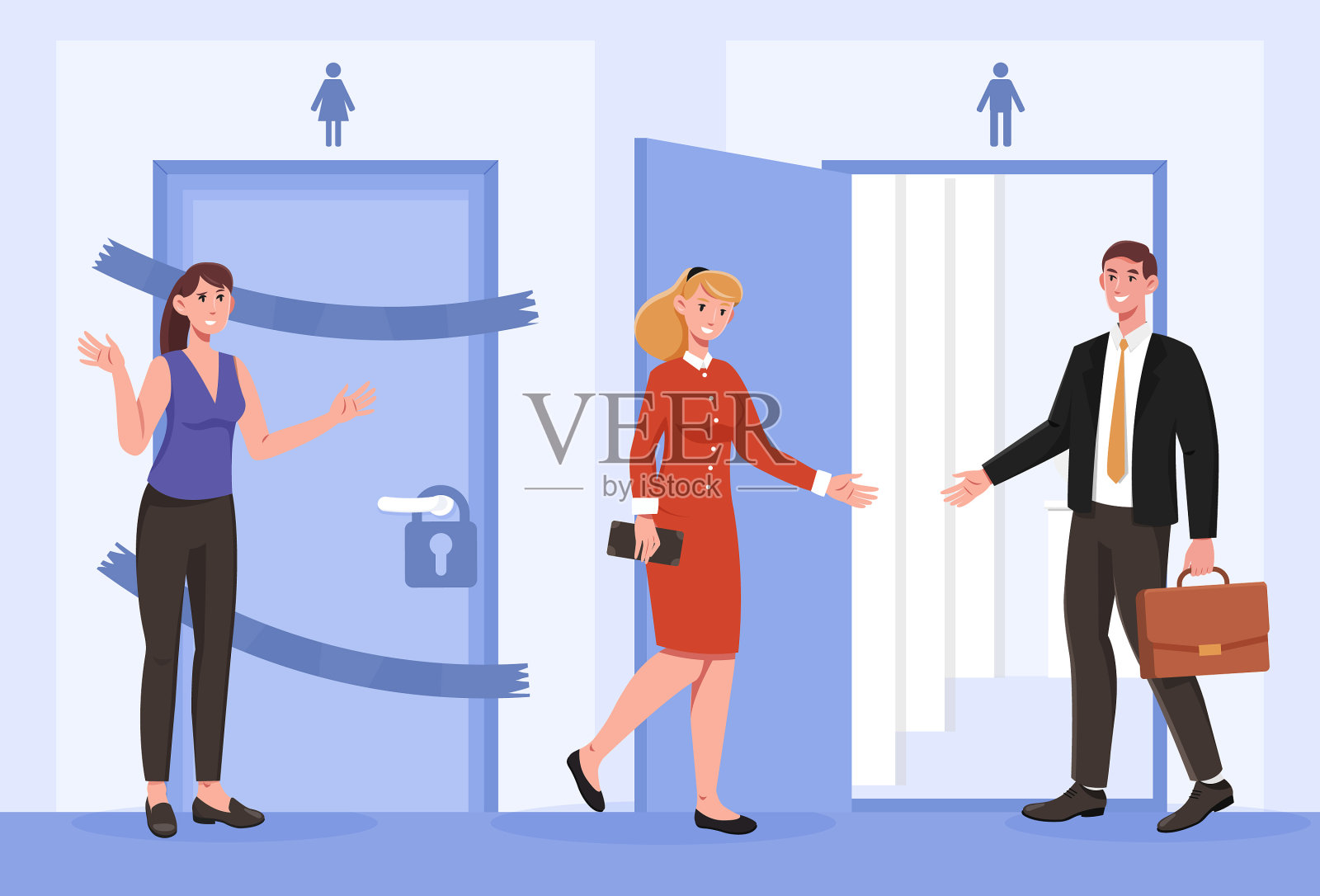 女人们进入男厕所是因为她们的厕所太脏了插画图片素材