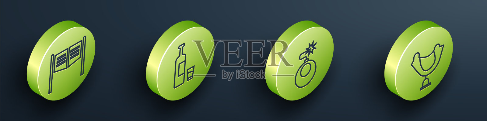 设置等距酒吧间门和威士忌酒瓶图标素材