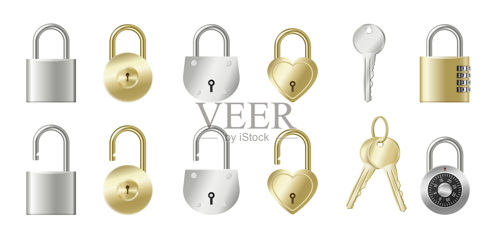 设置现实的挂锁和钥匙金色和图标素材