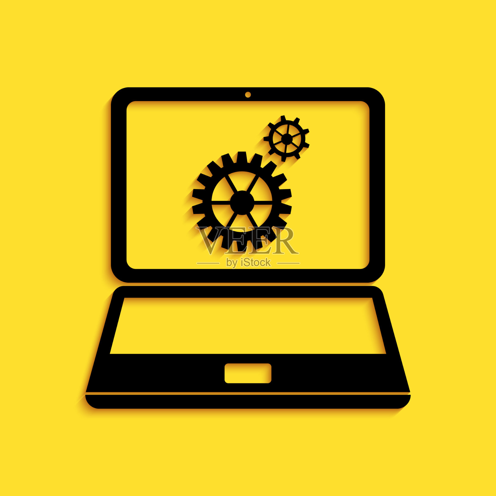 黑色笔记本电脑和齿轮图标孤立在黄色插画图片素材
