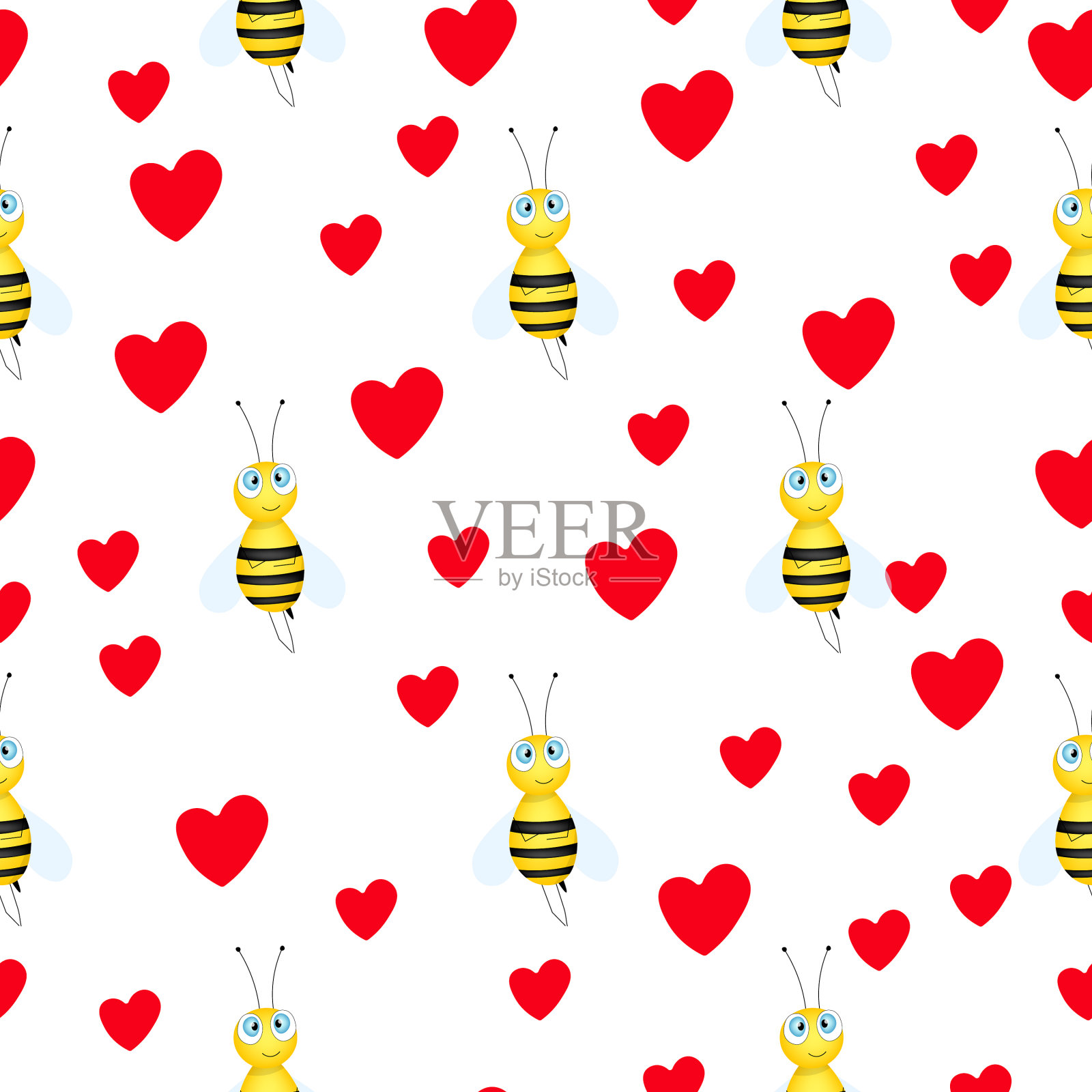 无缝图案与蜜蜂和心在白色插画图片素材