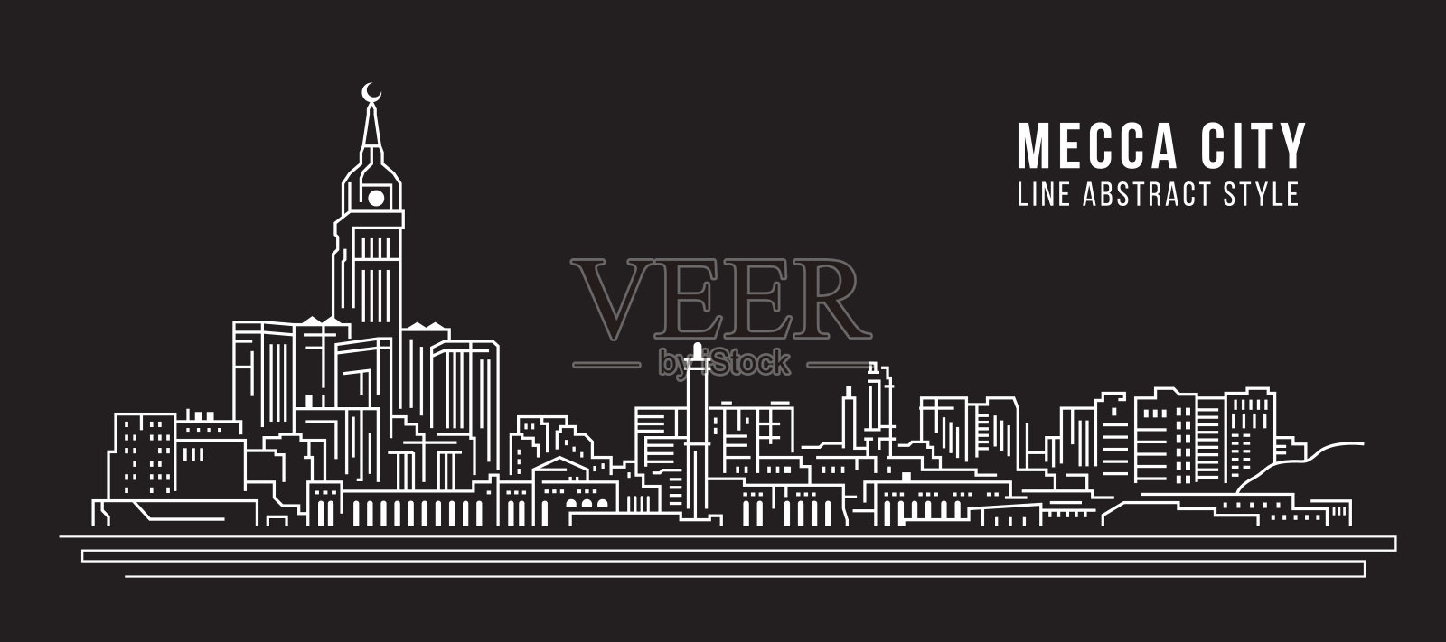 城市景观建筑线条艺术矢量插图设计-麦加城市插画图片素材
