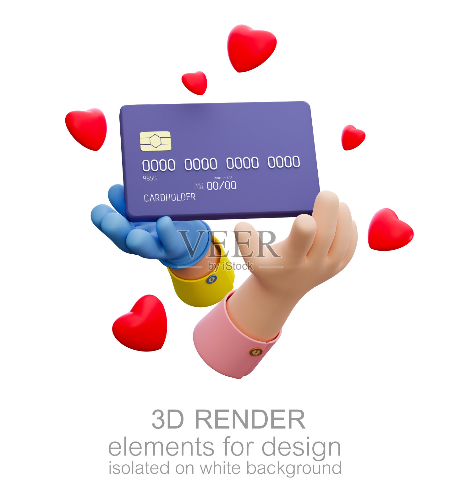 卡通手握借记卡和红心。孤立在白色背景上。3 d渲染。照片摄影图片