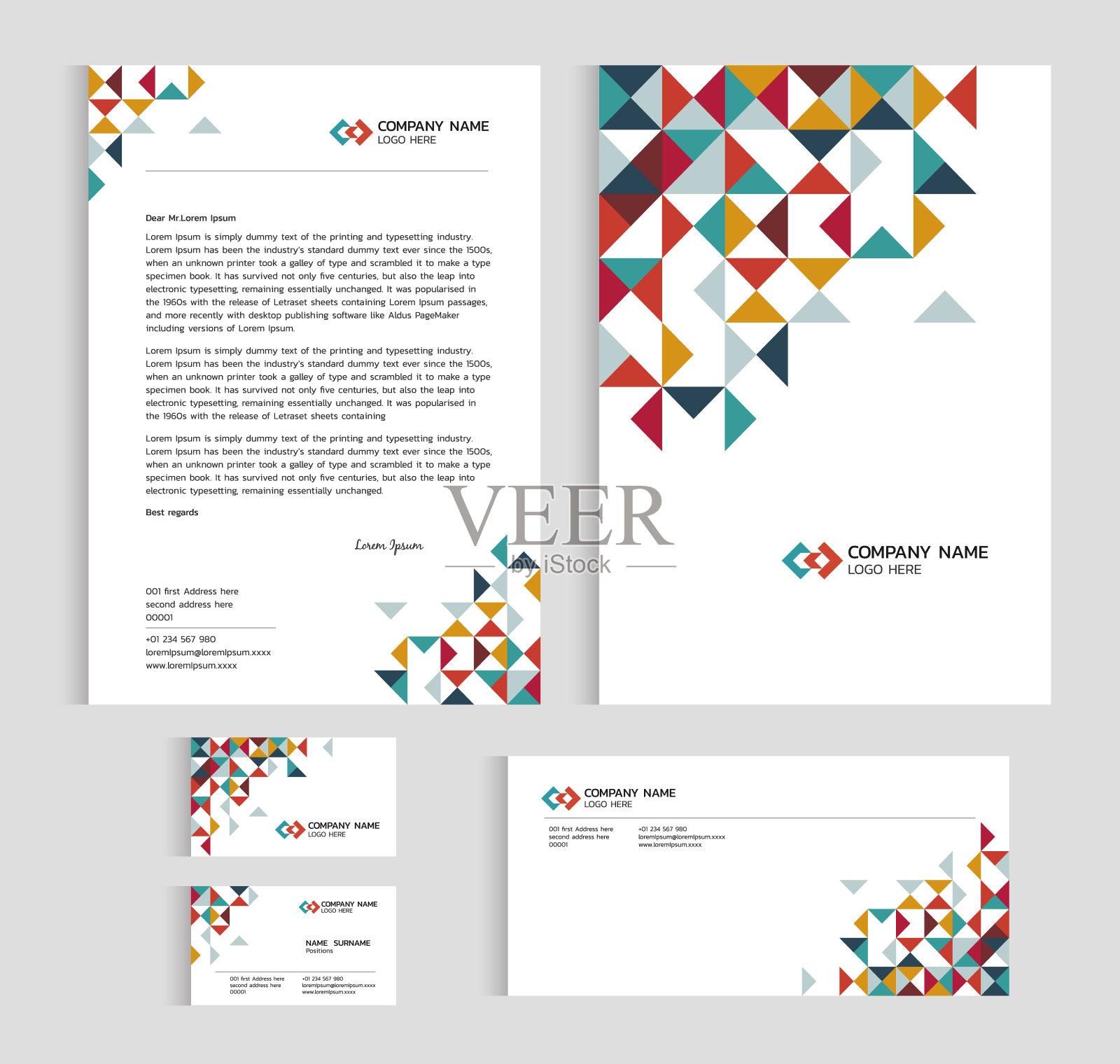 布局模板大小A4封面，页面名片和字母-低多边形三角形尖锐抽象矢量集设计设计模板素材