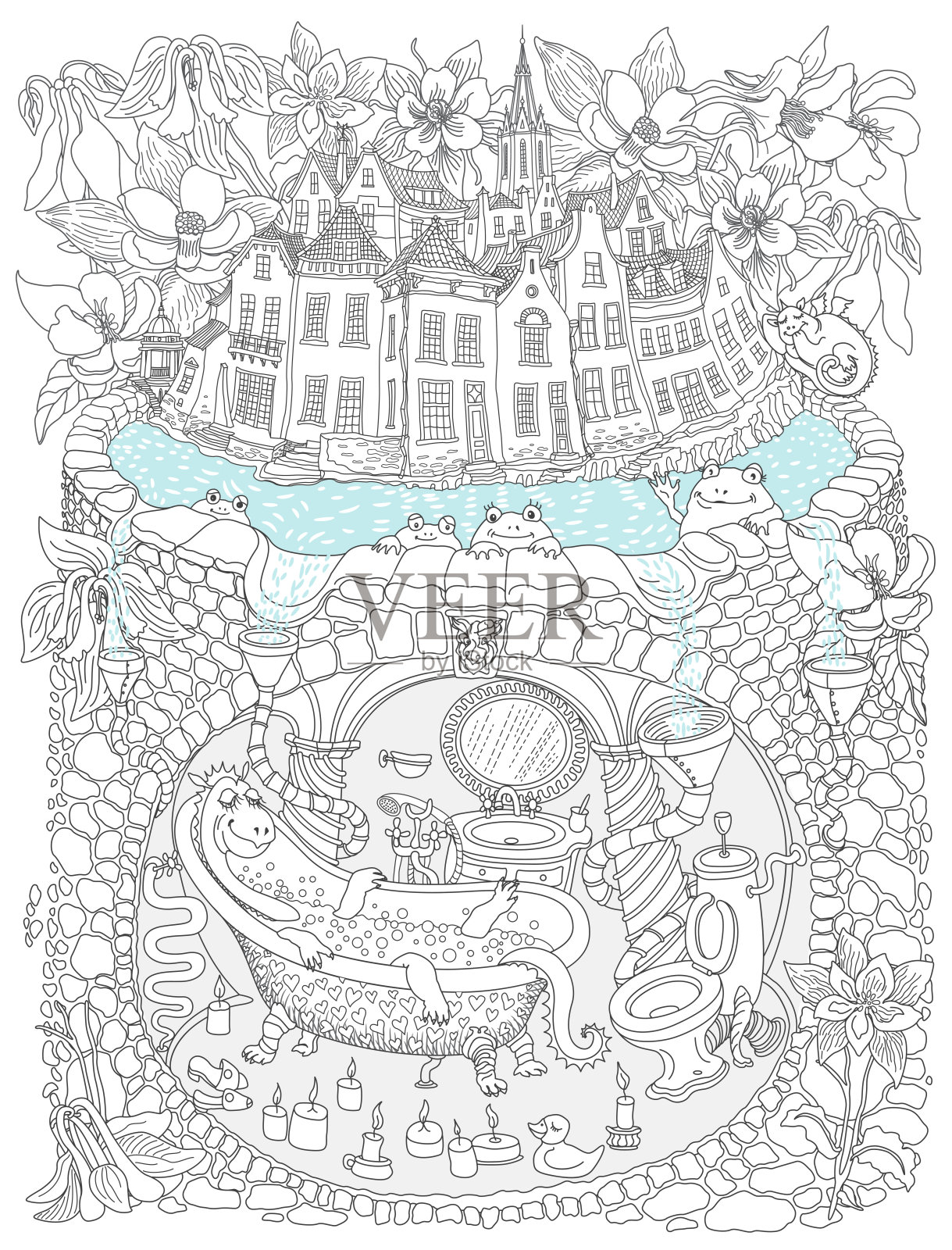 矢量轮廓细线插图。童话般的中世纪房屋，龙兽家庭公寓洞穴里的沉香花和地下浴室。成人涂色书页，t恤打印插画图片素材