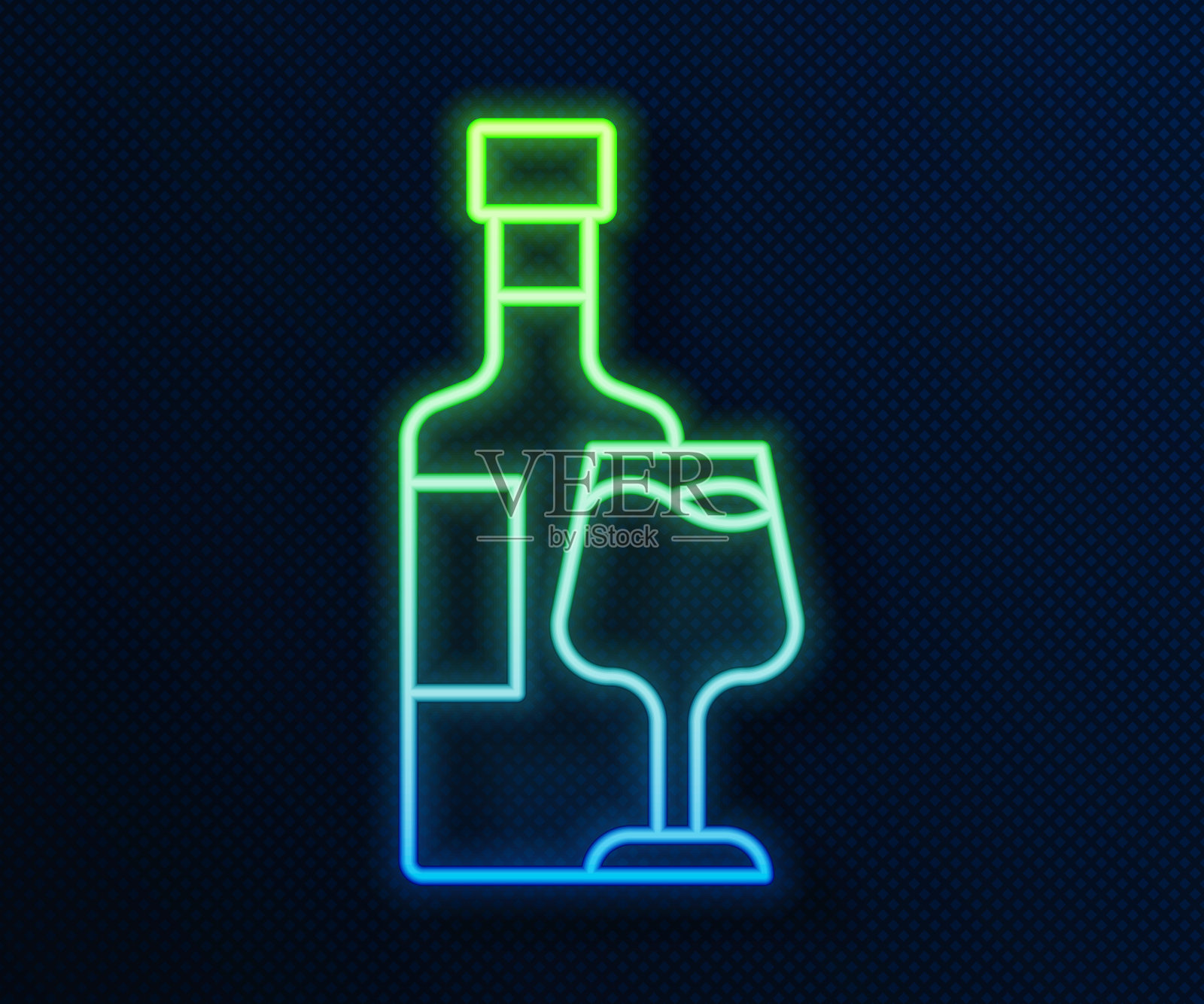 发光的霓虹灯线酒瓶与玻璃图标隔离在蓝色背景。向量插画图片素材