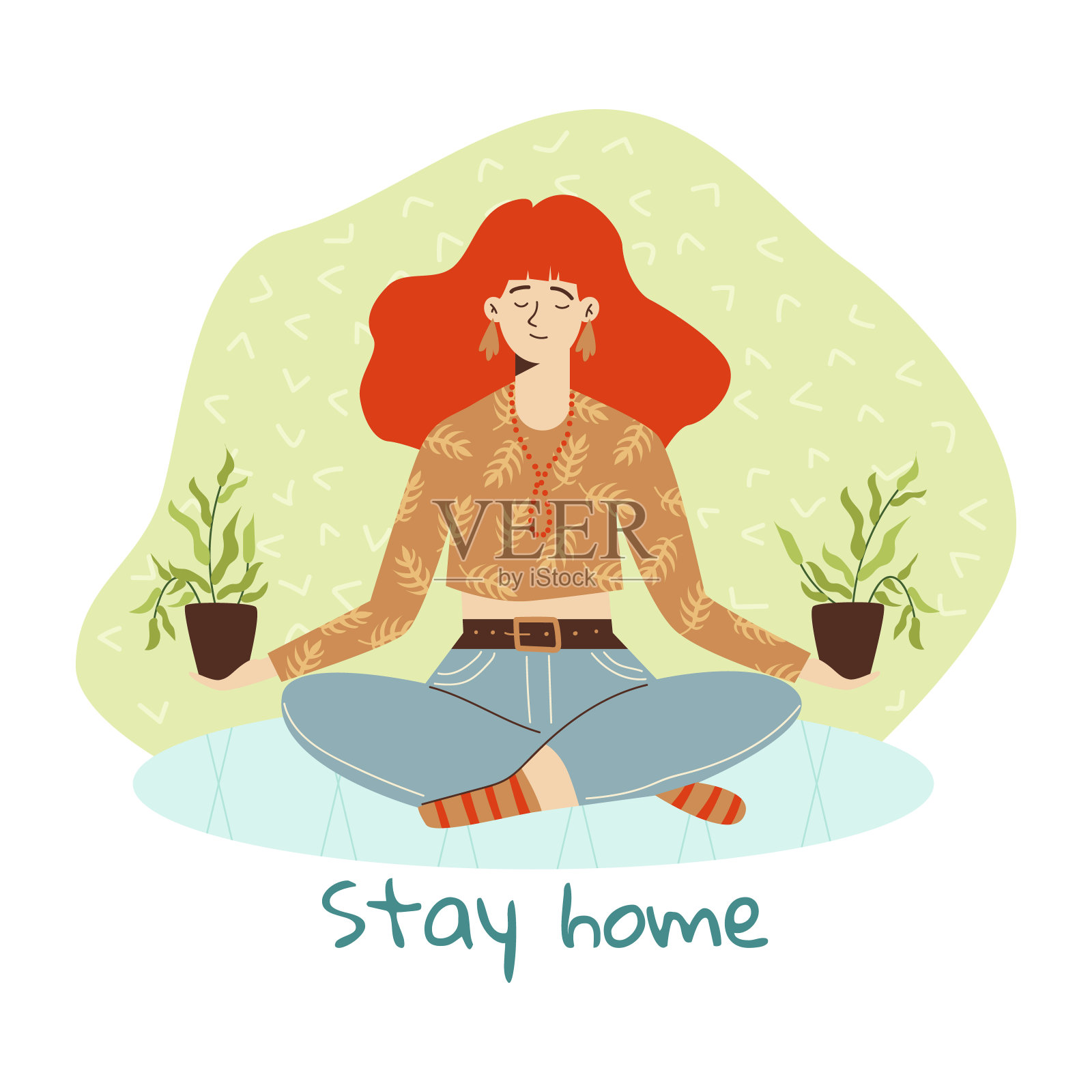 女孩冥想在姿势莲花呆在家里和抱盆绿色植物。插画图片素材