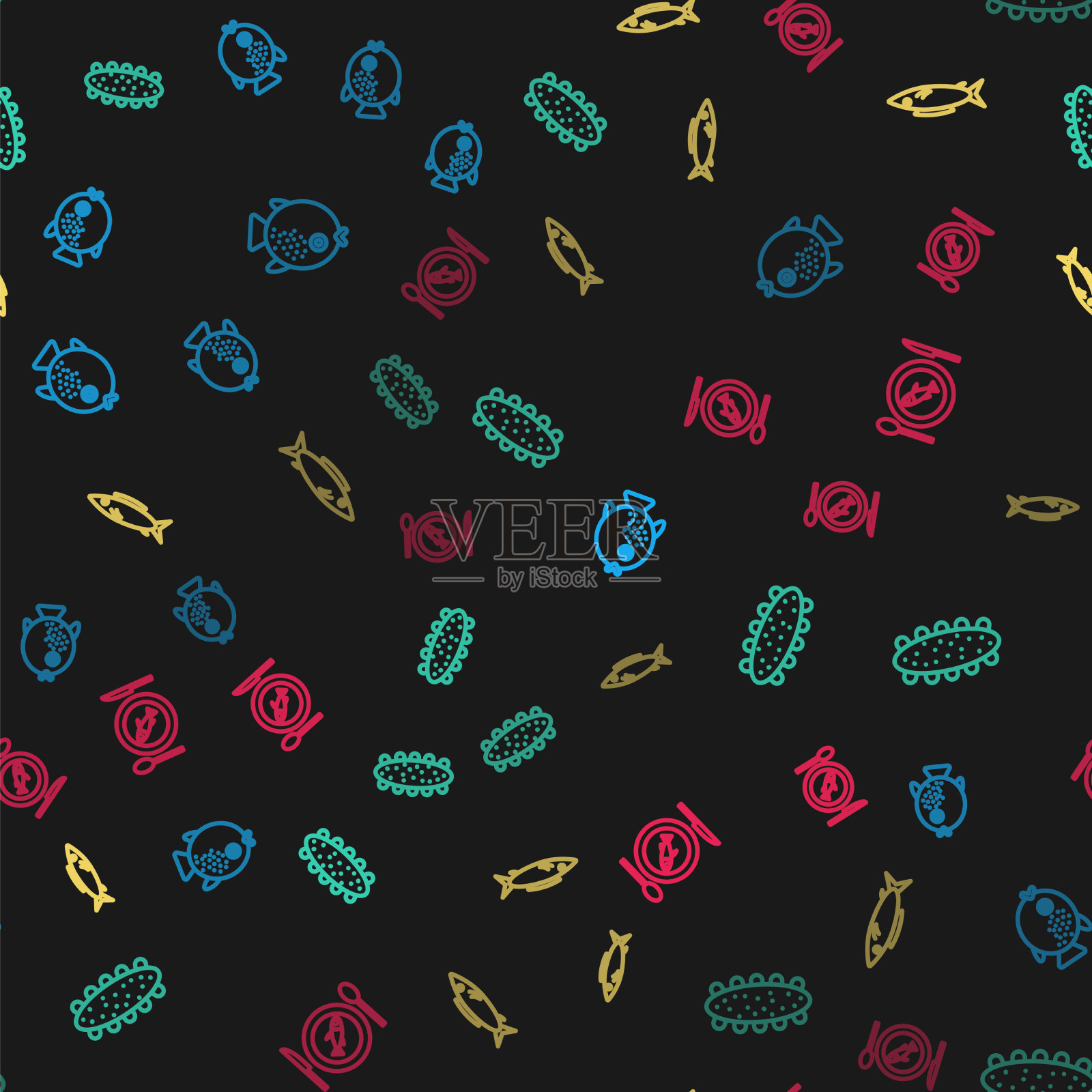 设线河豚鱼、海参鱼等图标素材