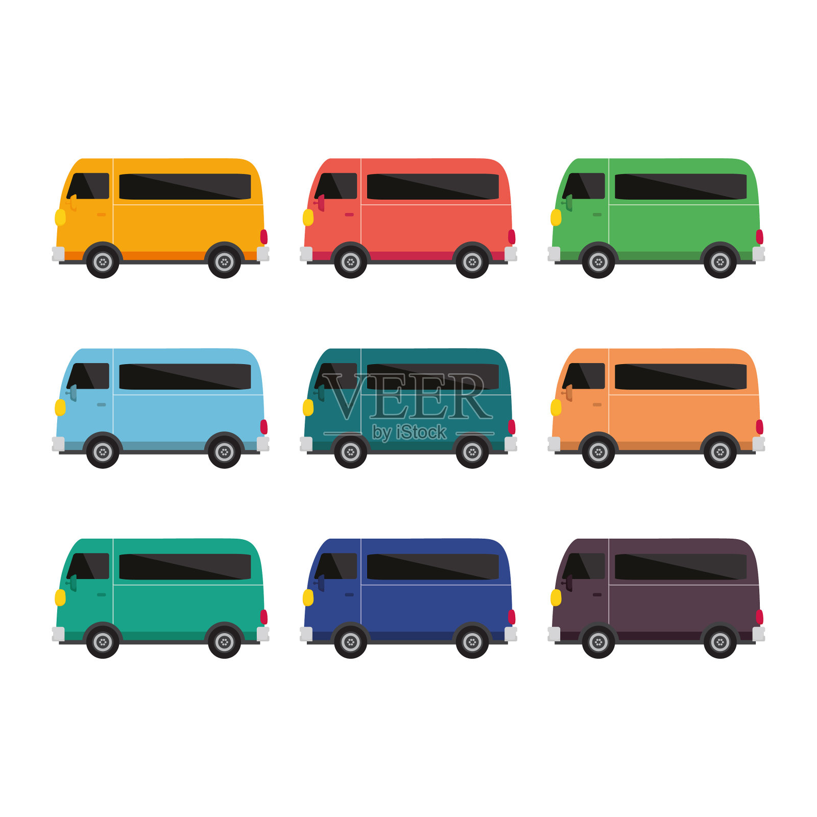 校车校车不同颜色，九辆校车插画图片素材