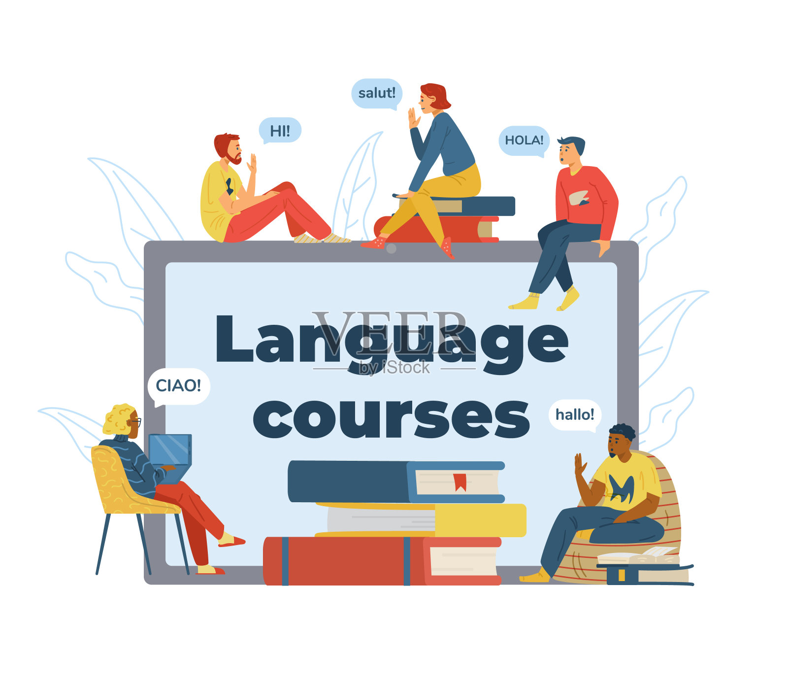 语言课程横幅与人和平板，平面矢量插图。插画图片素材