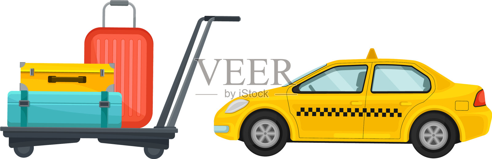 黄色出租车和手推车，行李为插画图片素材