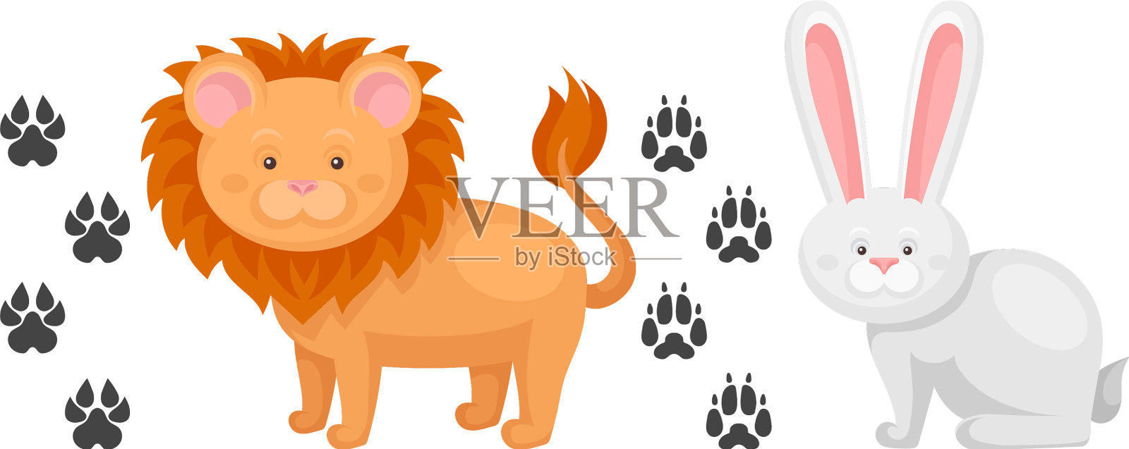 野生和家养动物有兔子和狮子插画图片素材