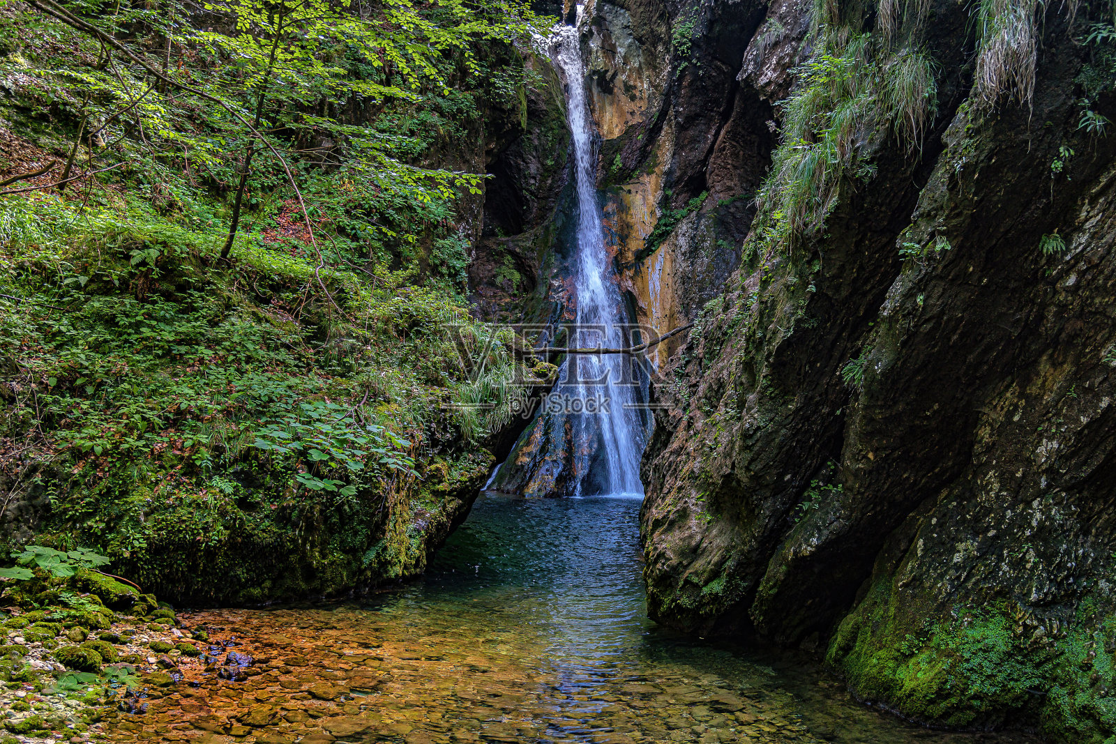 小溪上的瀑布Gačnik, Soča, Primorska河，朱利安阿尔卑斯。斯洛文尼亚、欧洲照片摄影图片