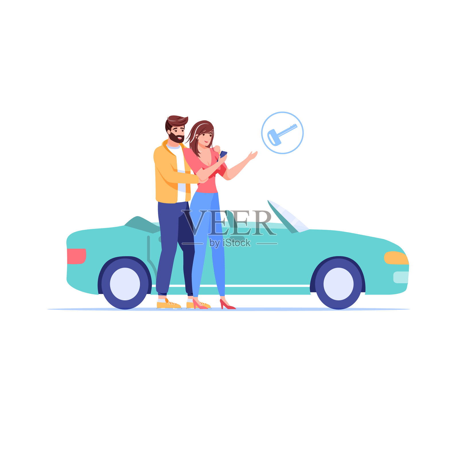 扁平的卡通家庭角色购买或租用汽车设计元素图片