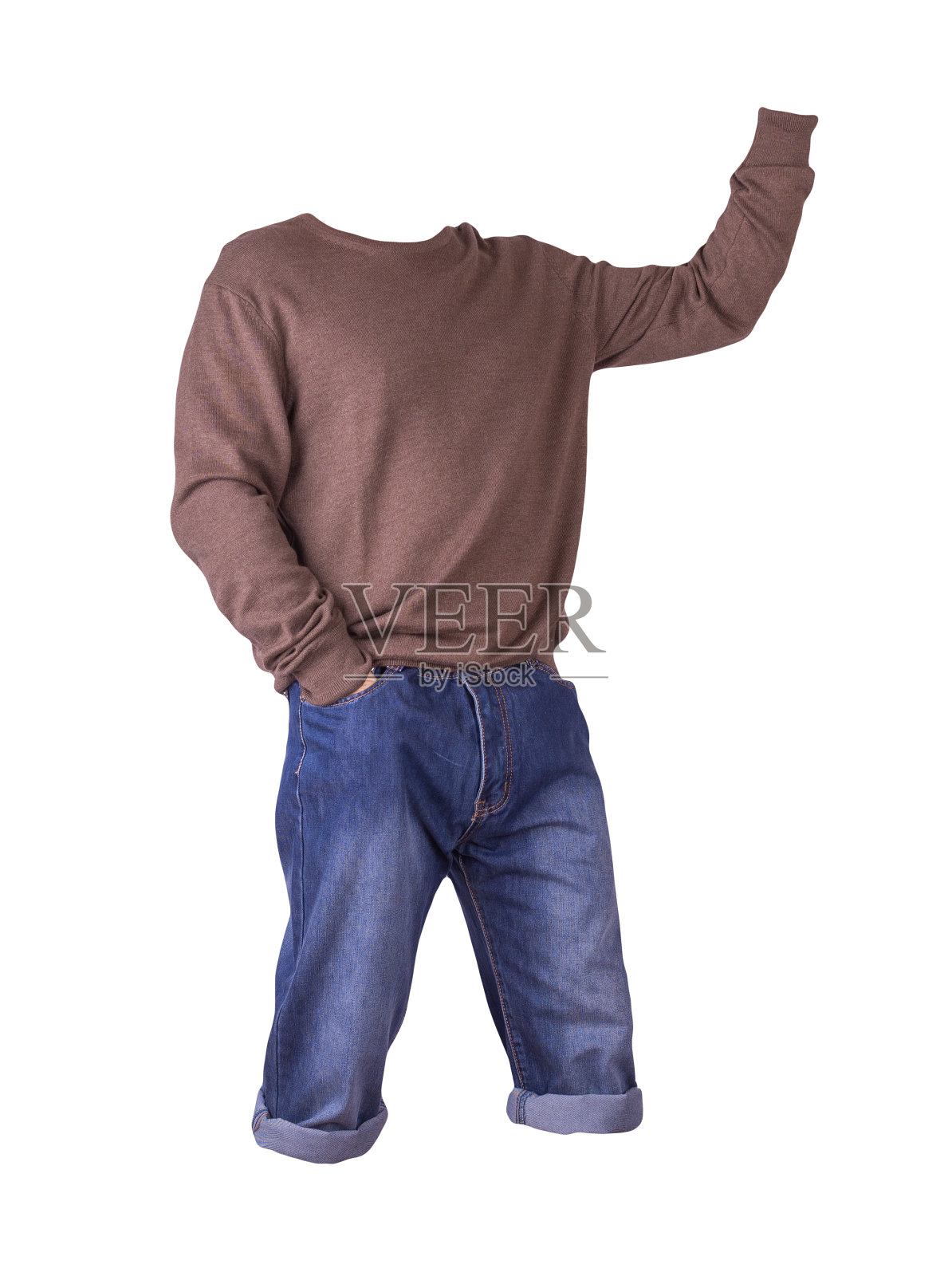 牛仔布深蓝短裤和针织毛衣与钮扣上孤立的白色背景。照片摄影图片