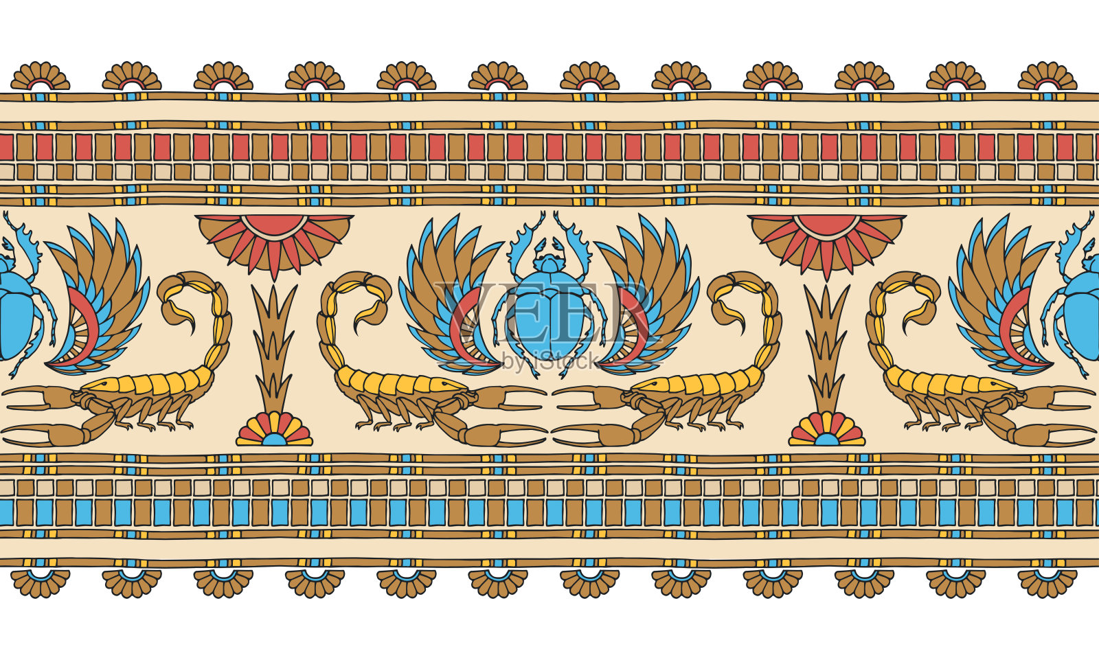 水平无缝图案，古埃及装饰装饰与蝎子，圣甲虫和棕榈树插画图片素材