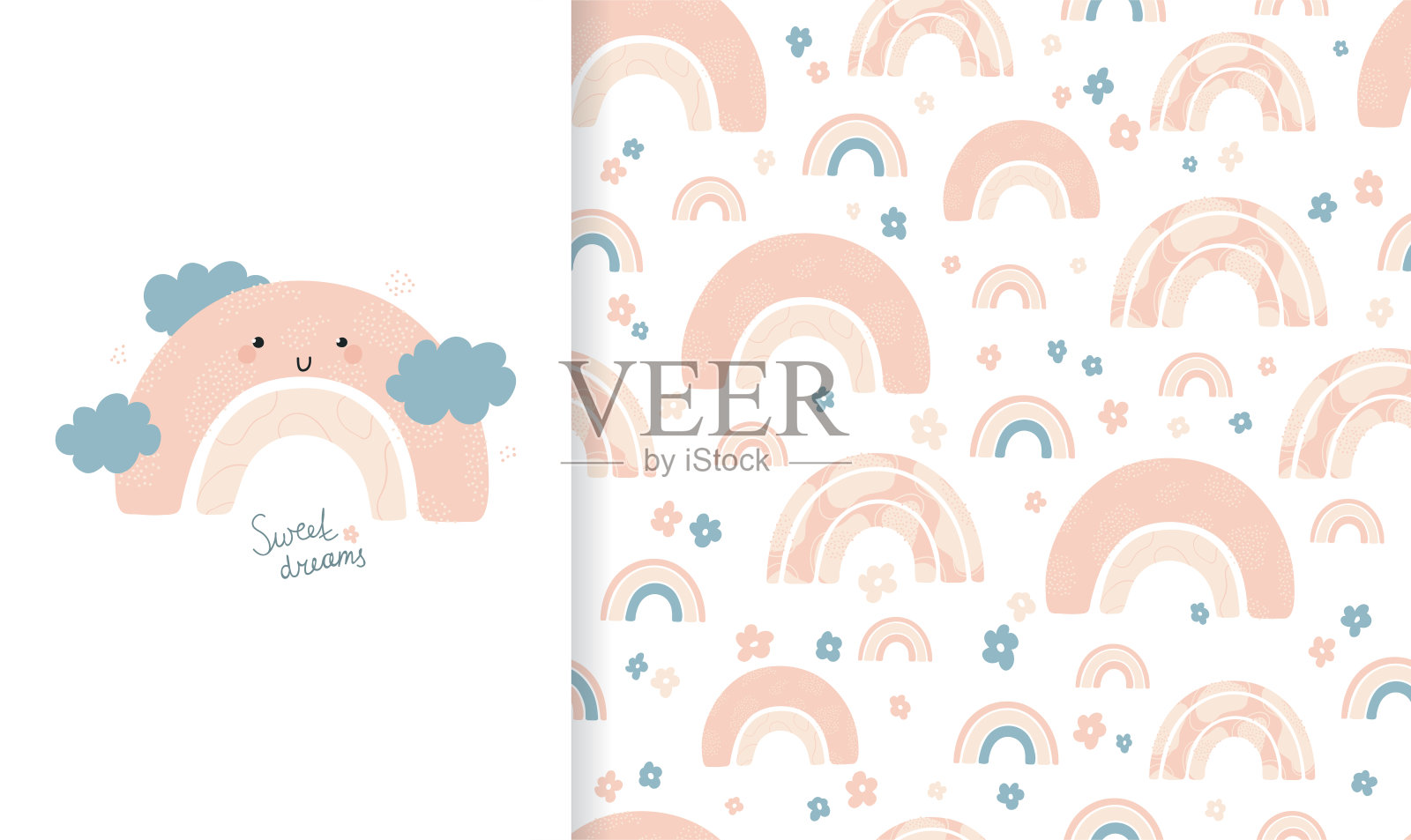 设置可爱的插图和无缝模式与春天的彩虹和鲜花。为儿童服装，纺织品，儿童房间设计的手绘风格。向量插画图片素材