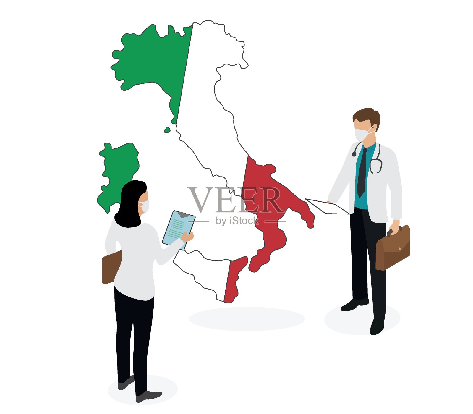 专业医生使用意大利矢量图像面罩。医生、医药和保健的等距图解。插画图片素材