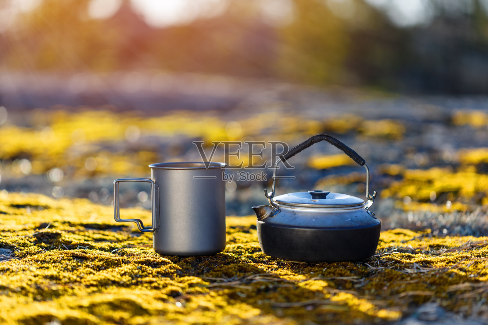 在芬兰森林里，茶壶和钛杯放在长满苔藓的石头上。照片摄影图片