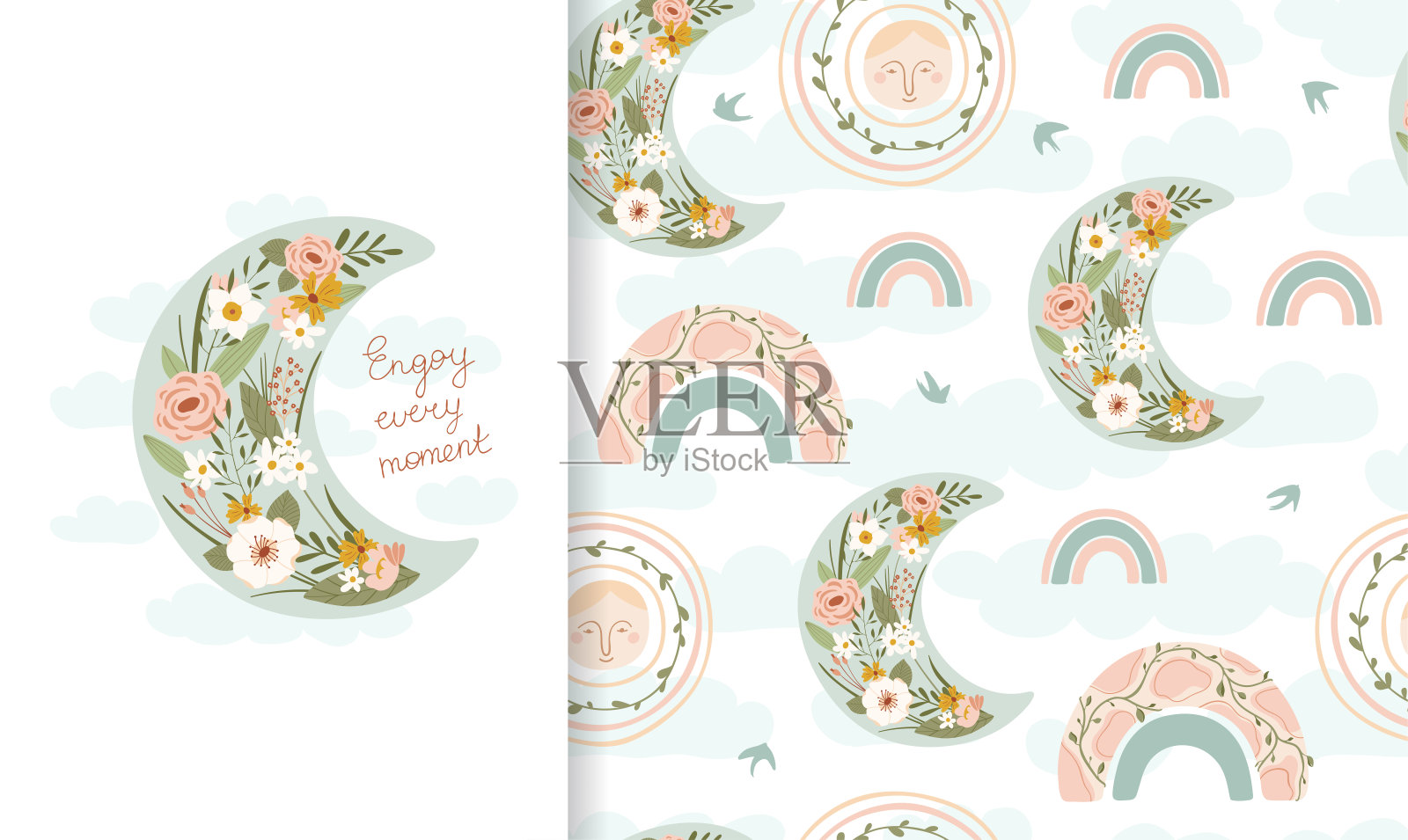 可爱的插图和无缝的图案与彩虹，月亮在花。收藏于手绘风格的粉彩儿童服装、纺织品、儿童房间设计。向量插画图片素材