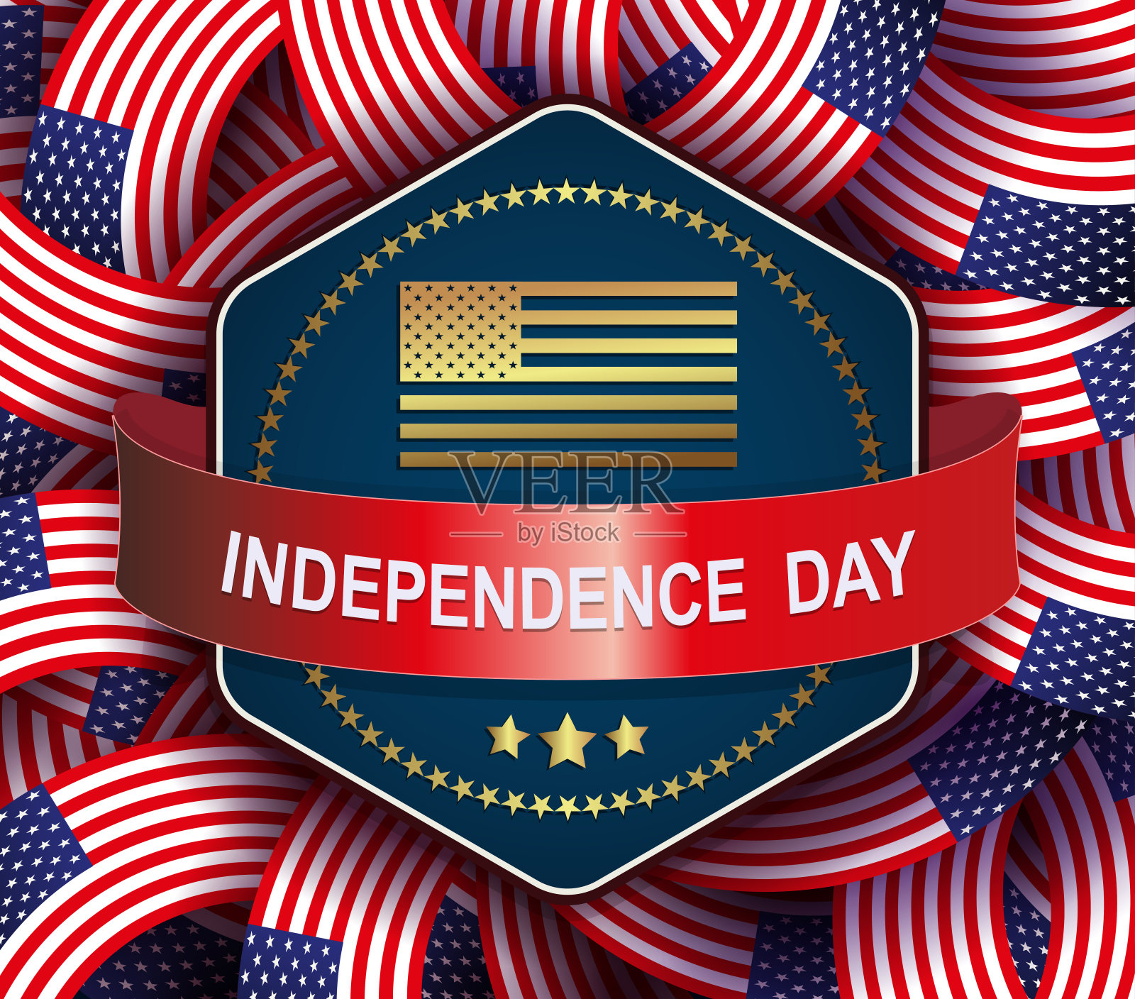 假日卡片与美国国旗设置，多边形蓝色框架，独立日，设计组件插画图片素材