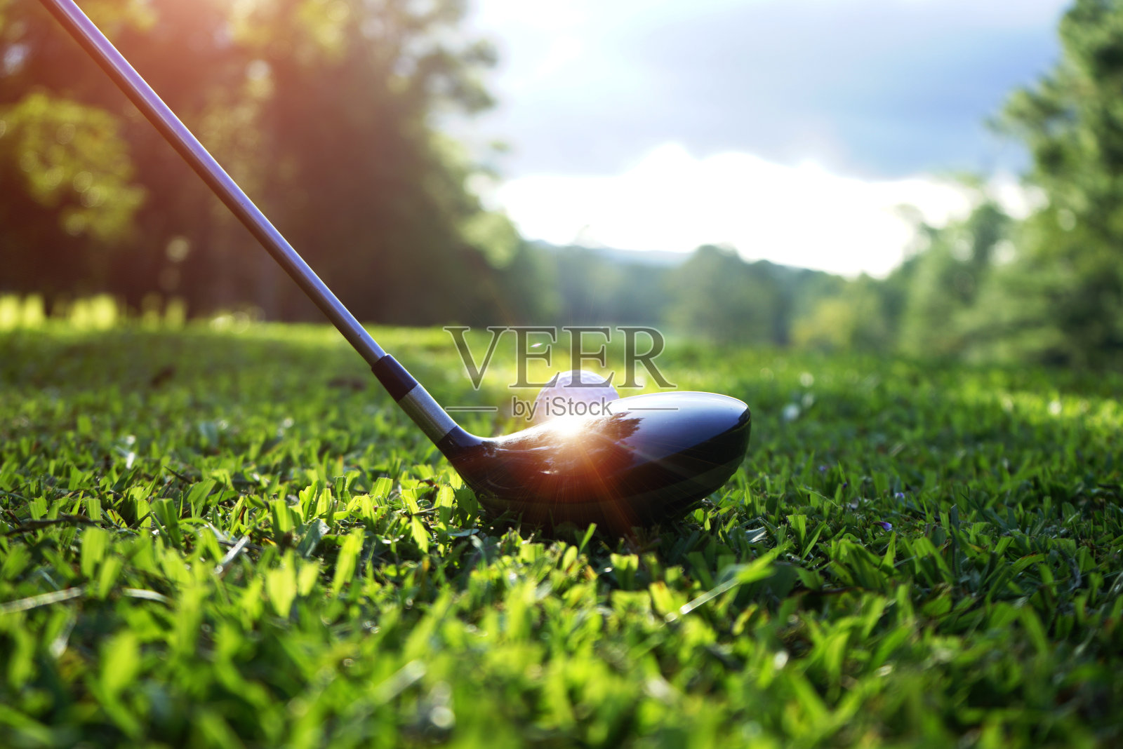 高尔夫球和高尔夫俱乐部在美丽的泰国高尔夫球场。高尔夫球设备的集合休息在绿色的草地与绿色的背景照片摄影图片