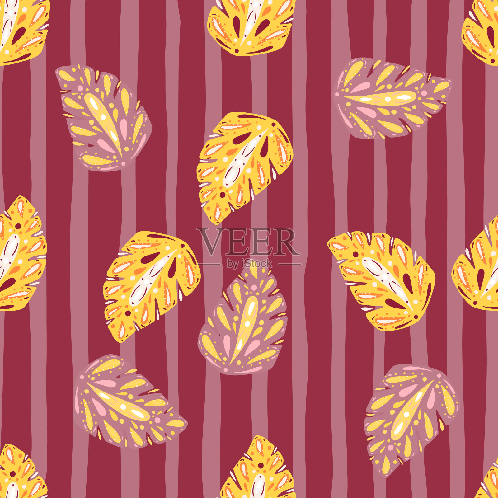 黄粉色民间怪物无缝图案。粉色条纹的背景。花夏天背景。插画图片素材