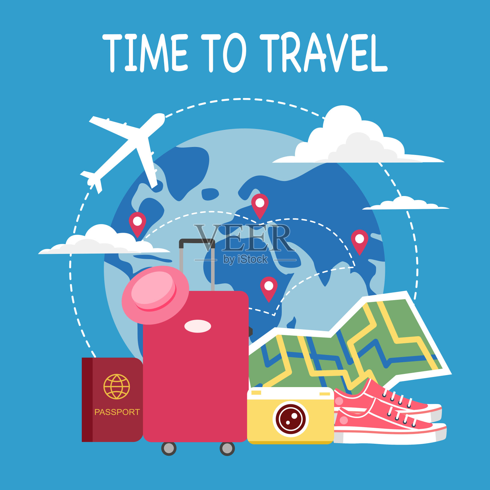是时候旅行概念矢量插图。飞机，护照，行李，照相机，帽子，地图和鞋子的平面设计。世界旅行。插画图片素材