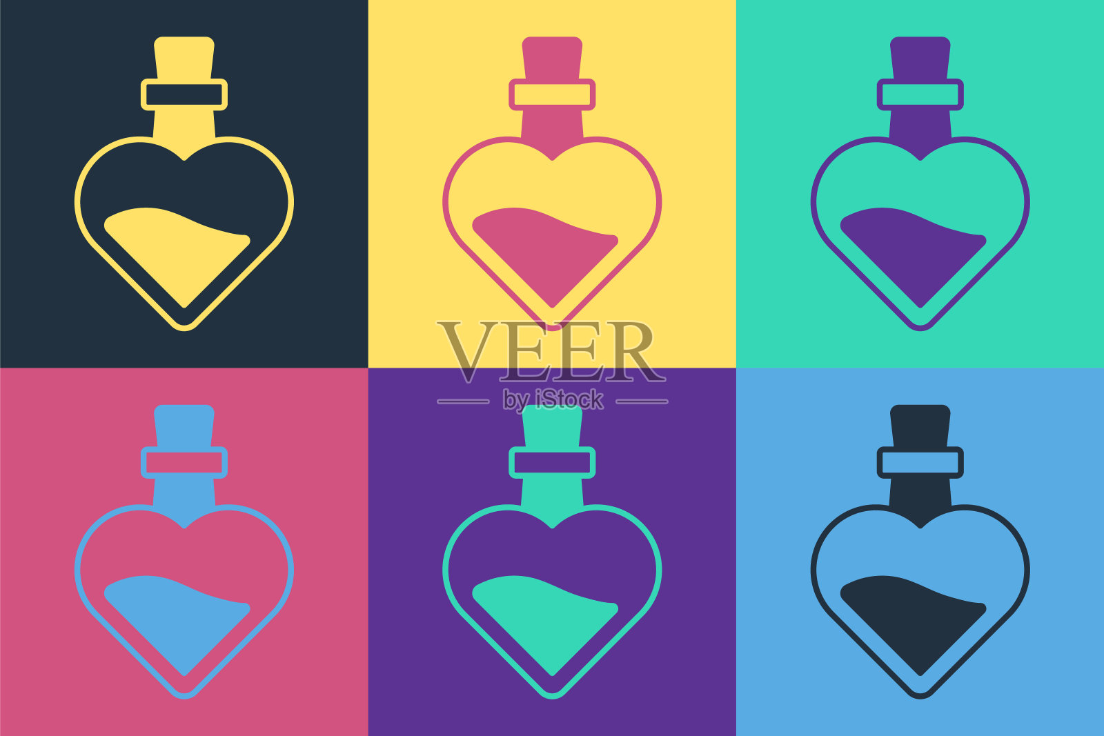 波普艺术瓶与爱情药水图标孤立的颜色背景。情人节的象征。向量插画图片素材