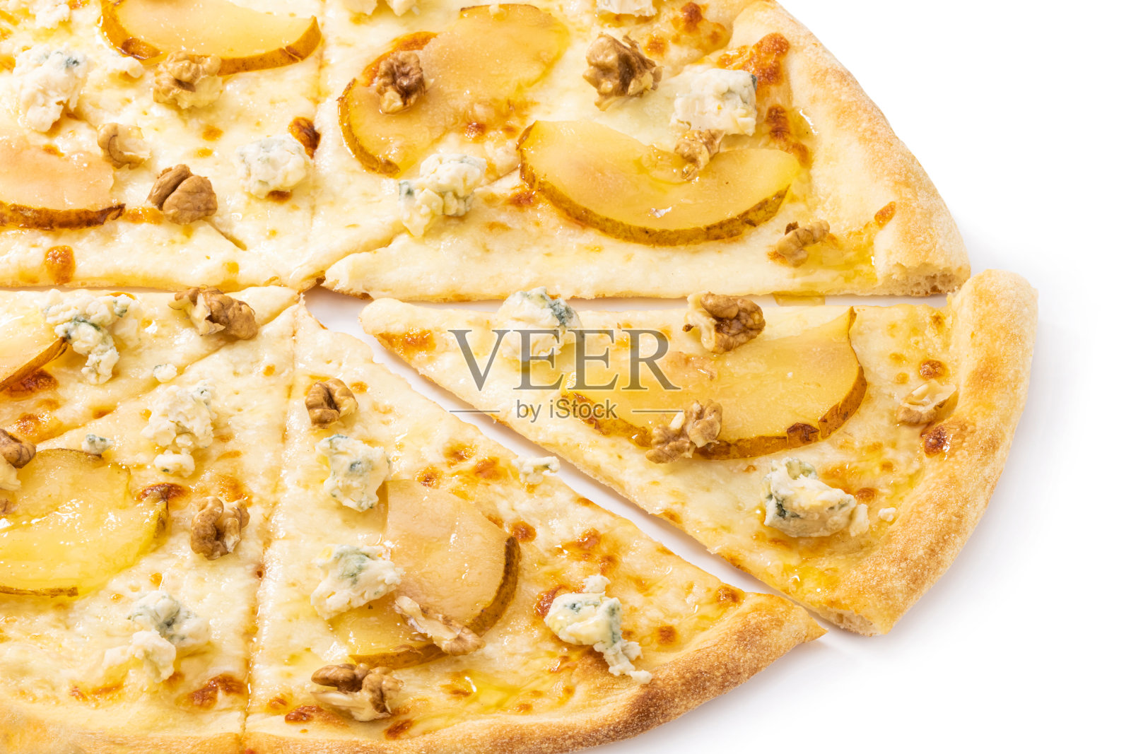 披萨上有梨、奶酪、核桃和蜂蜜照片摄影图片